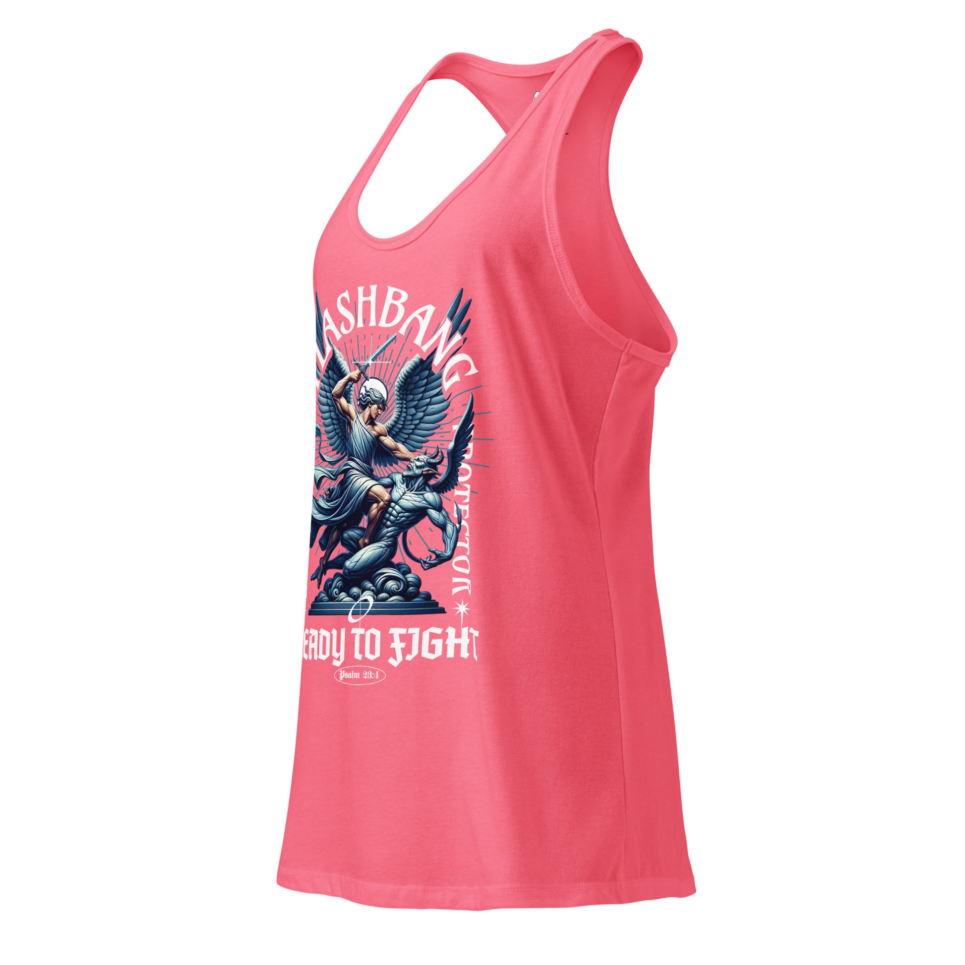 Pink tank top with graphic design and text on a white background