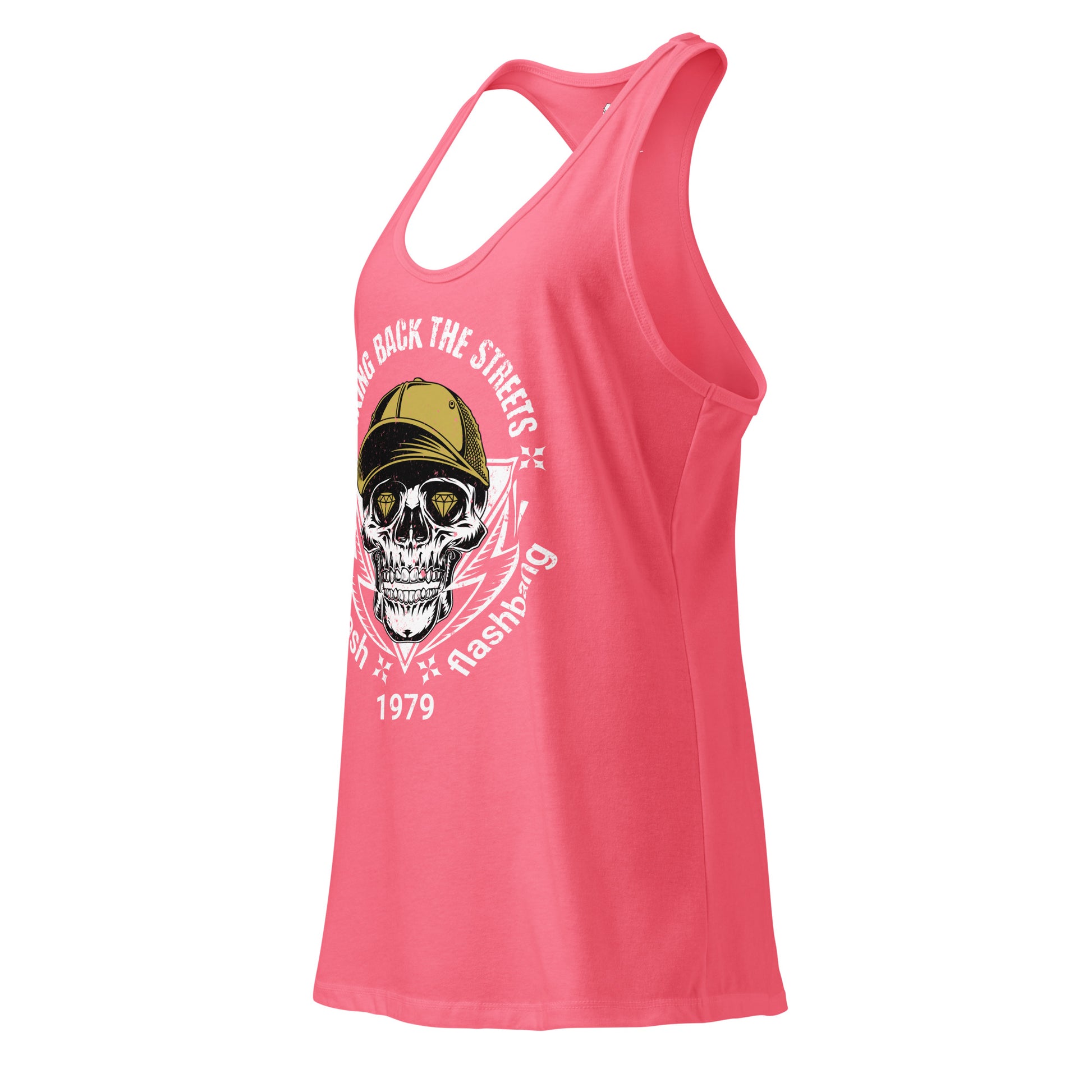 Pink tank top with skull graphic and text on a white background