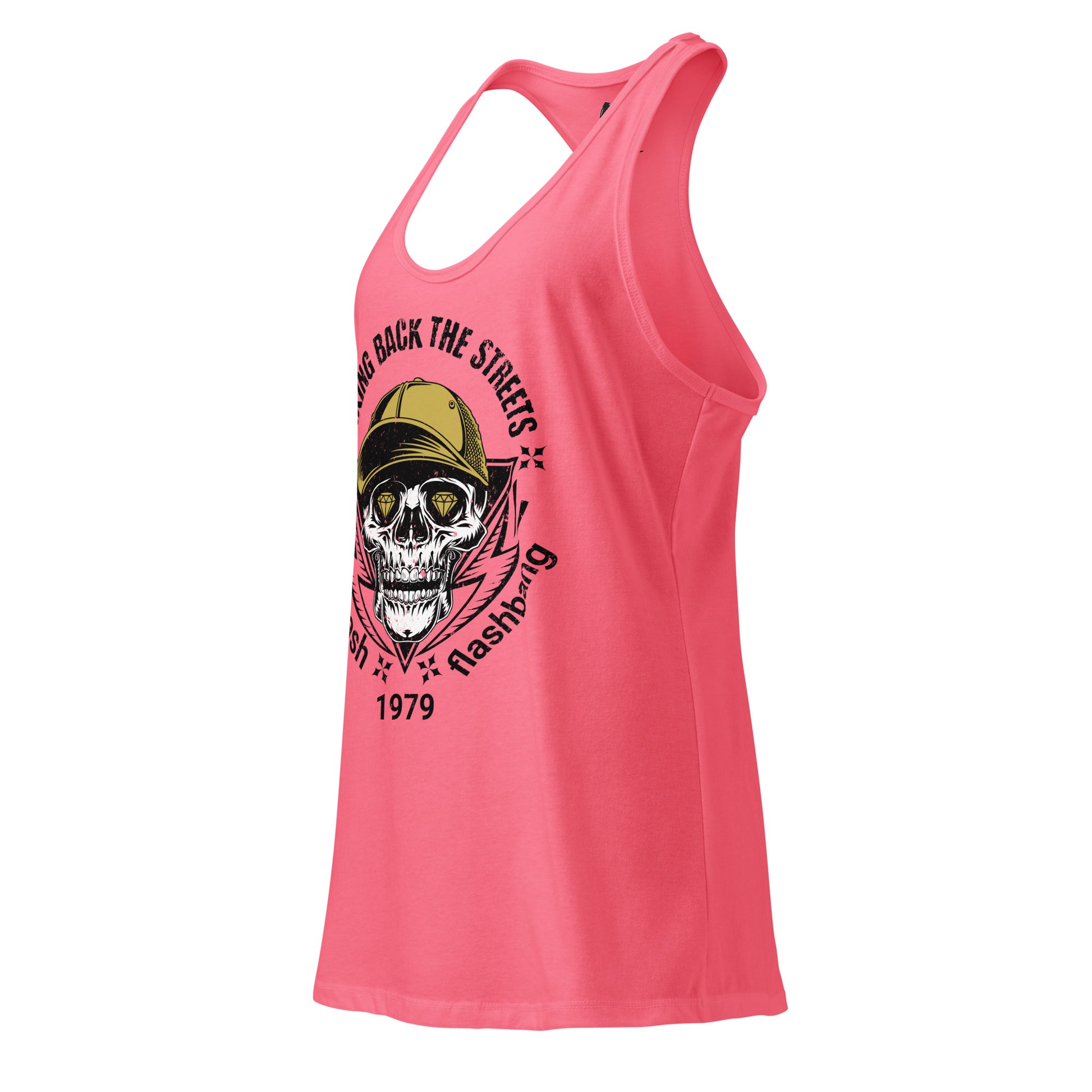 Pink tank top with skull graphic design on a white background