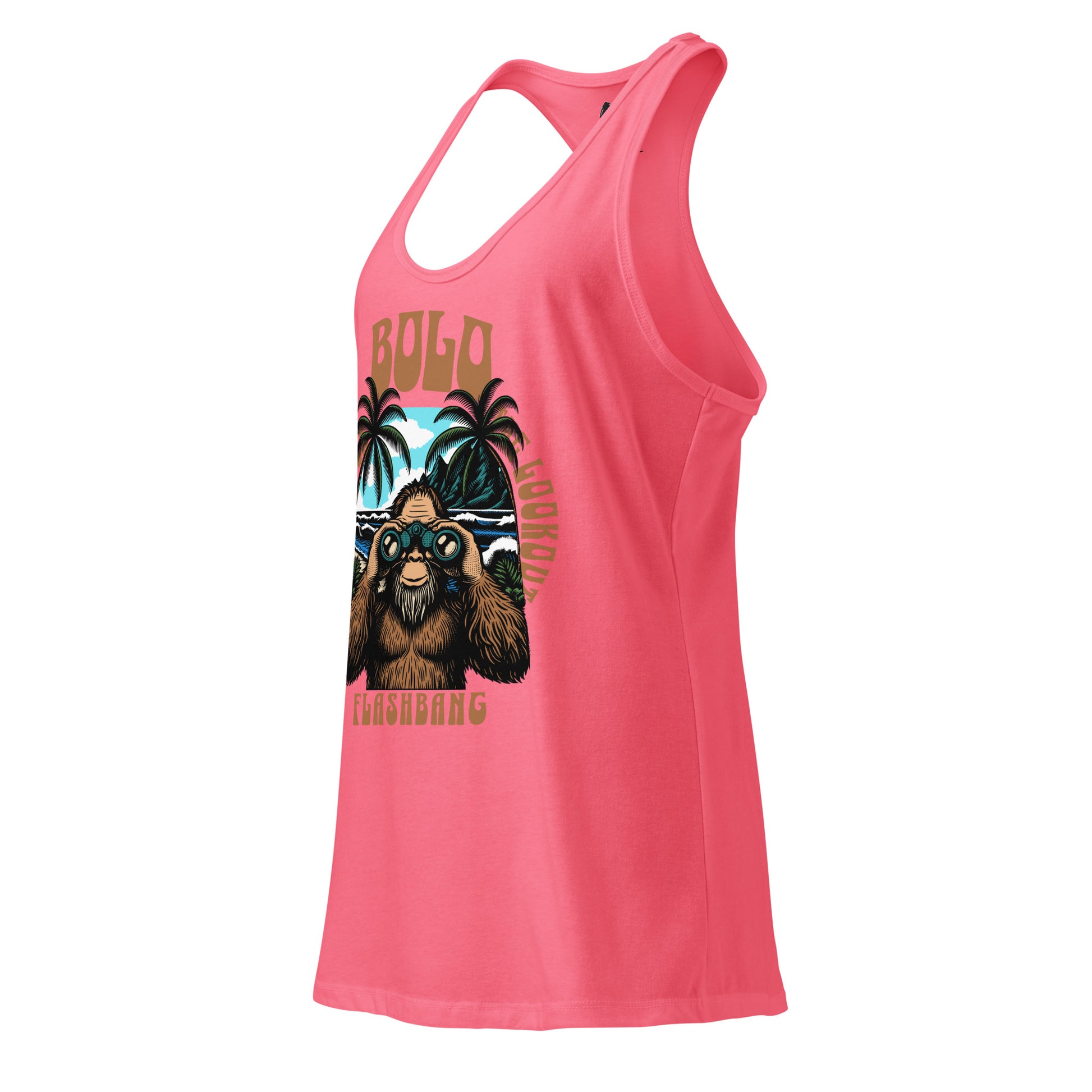 Pink tank top with a graphic of a bear and palm trees on a white background