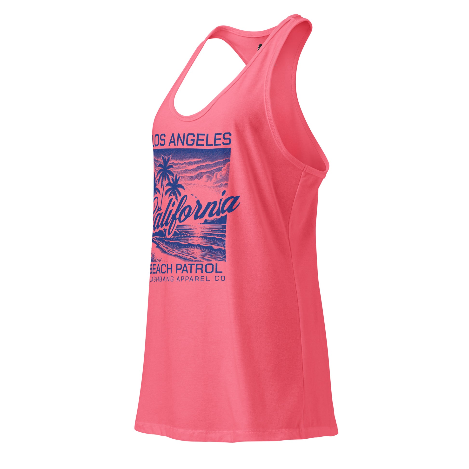 Pink tank top with 'Los Angeles California Beach Patrol' graphic on a white background