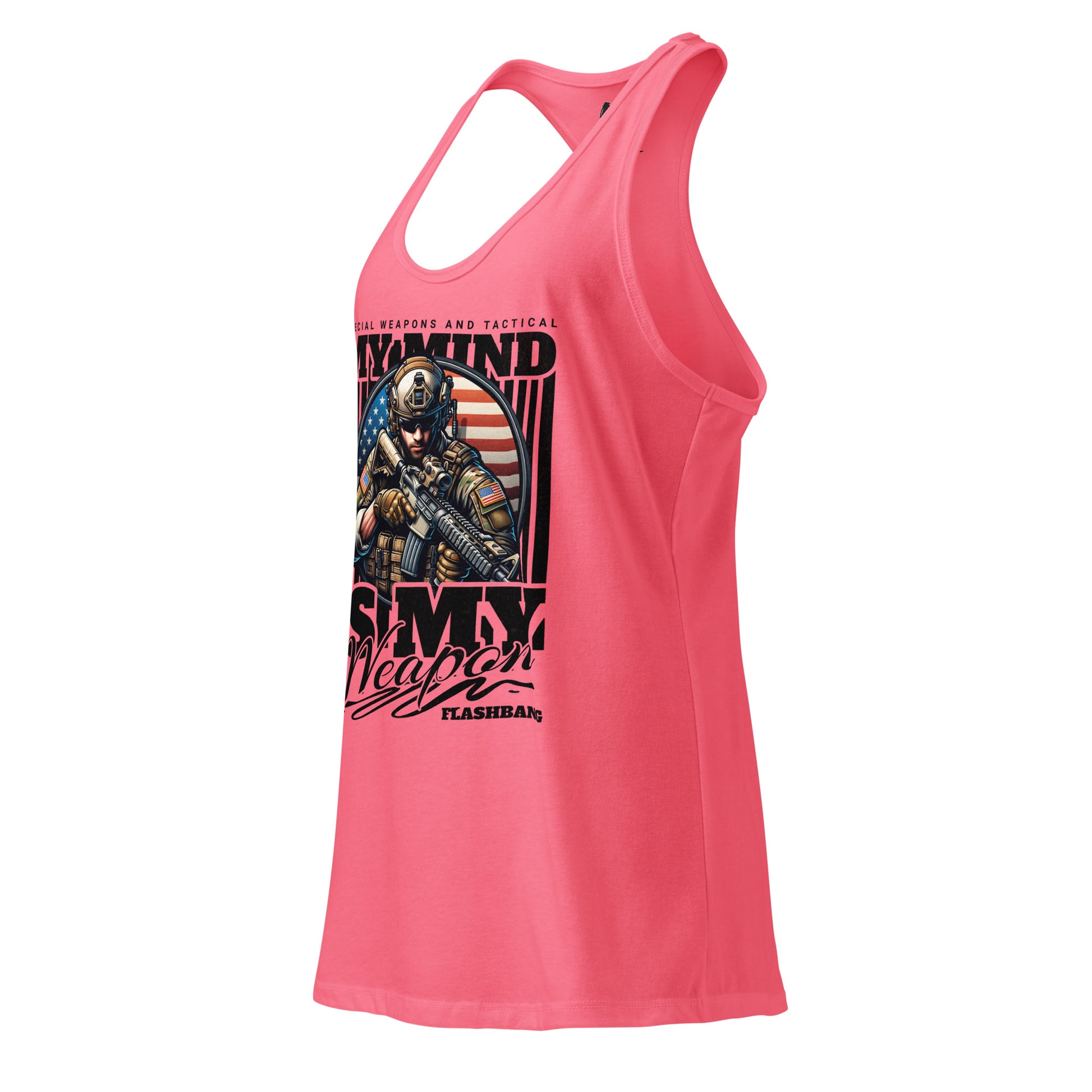 Pink tank top with graphic design on a white background