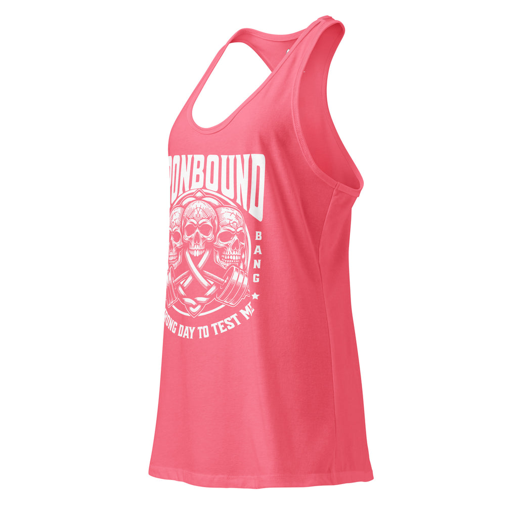 Pink tank top with white graphic design on a white background