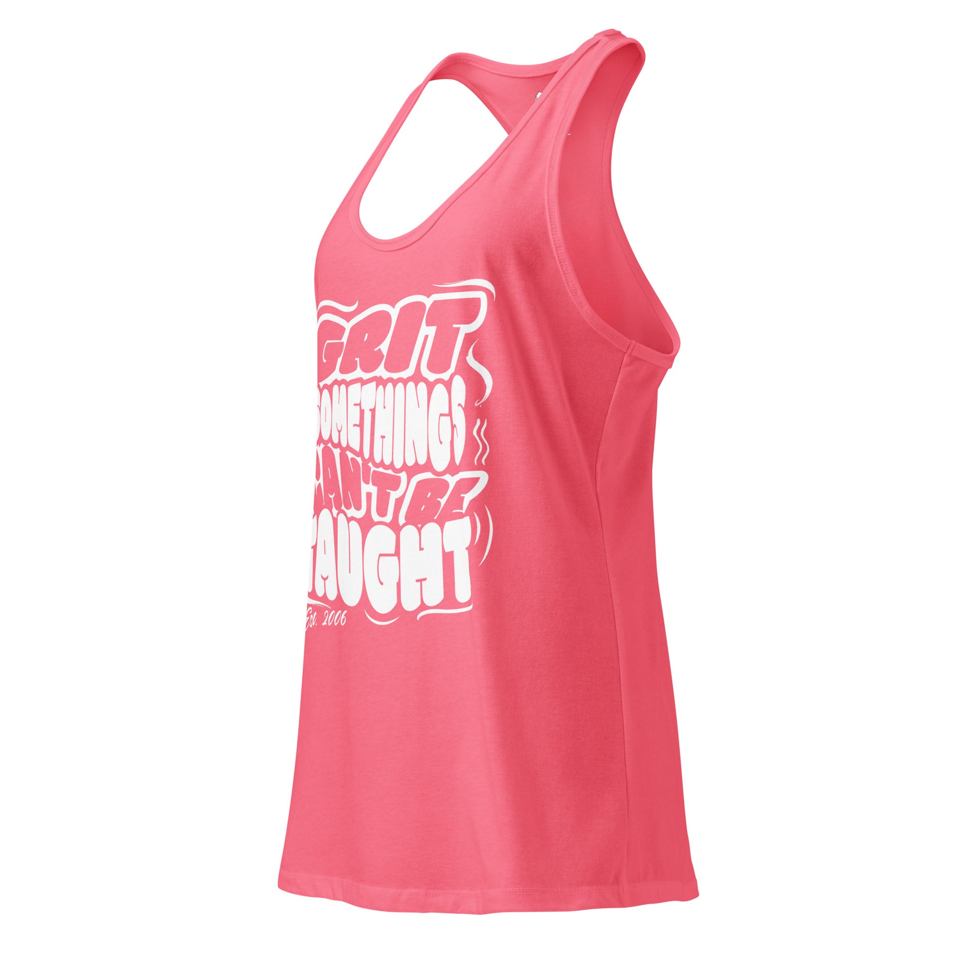 Pink tank top with white text on a white background