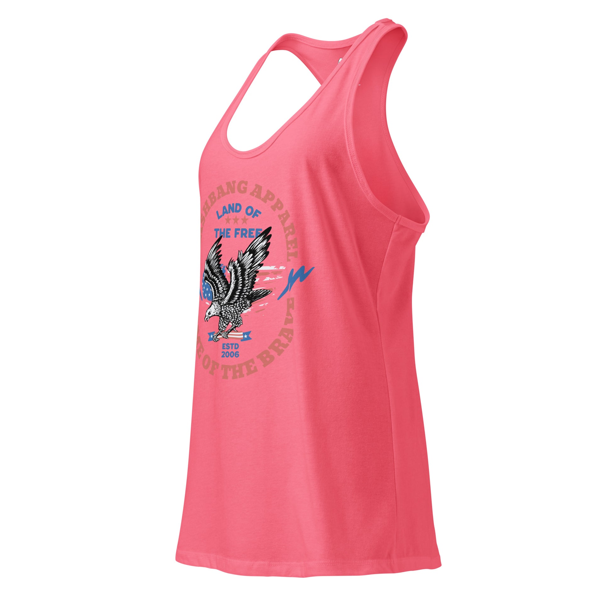 Pink tank top with an eagle graphic and text on a white background