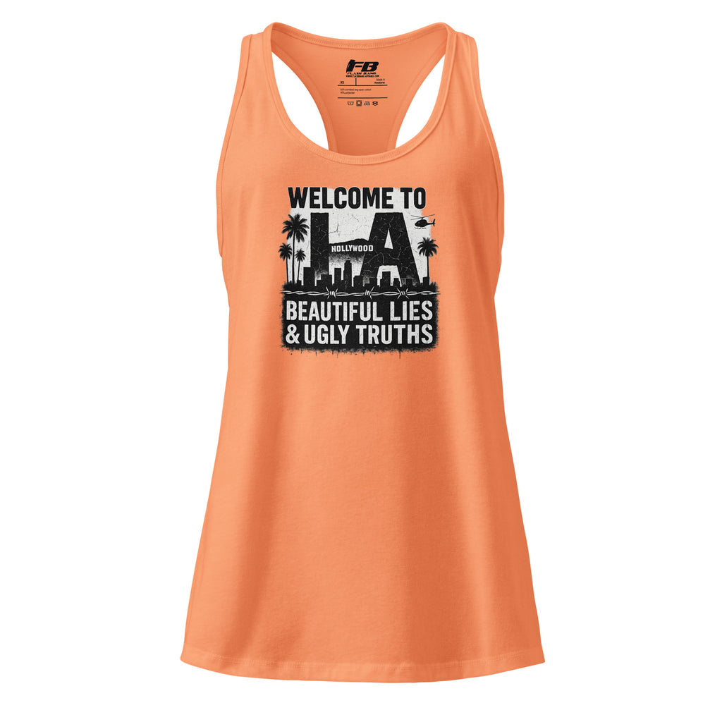 Orange tank top with graphic design and text on a white background