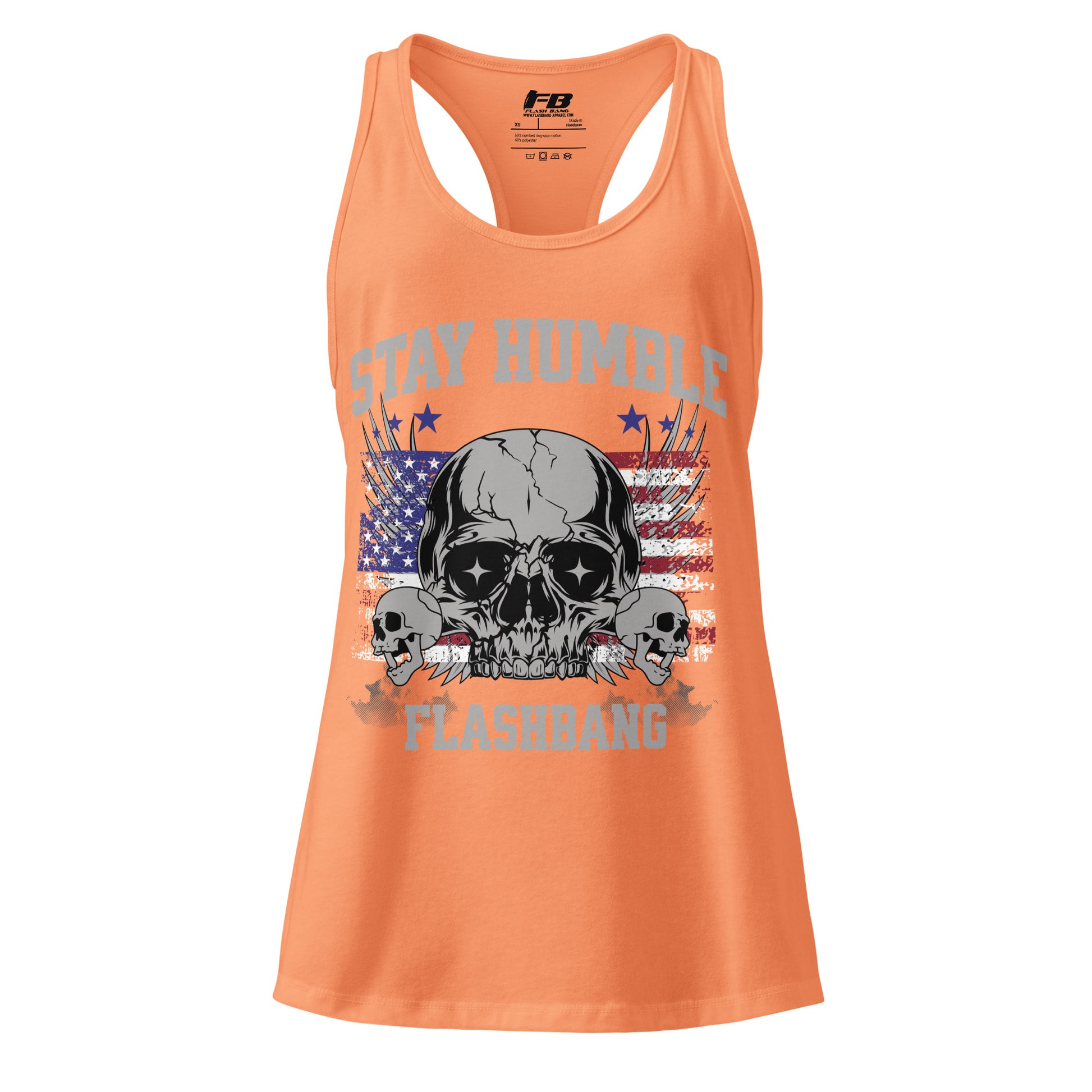 Orange tank top with skull design and text on a white background