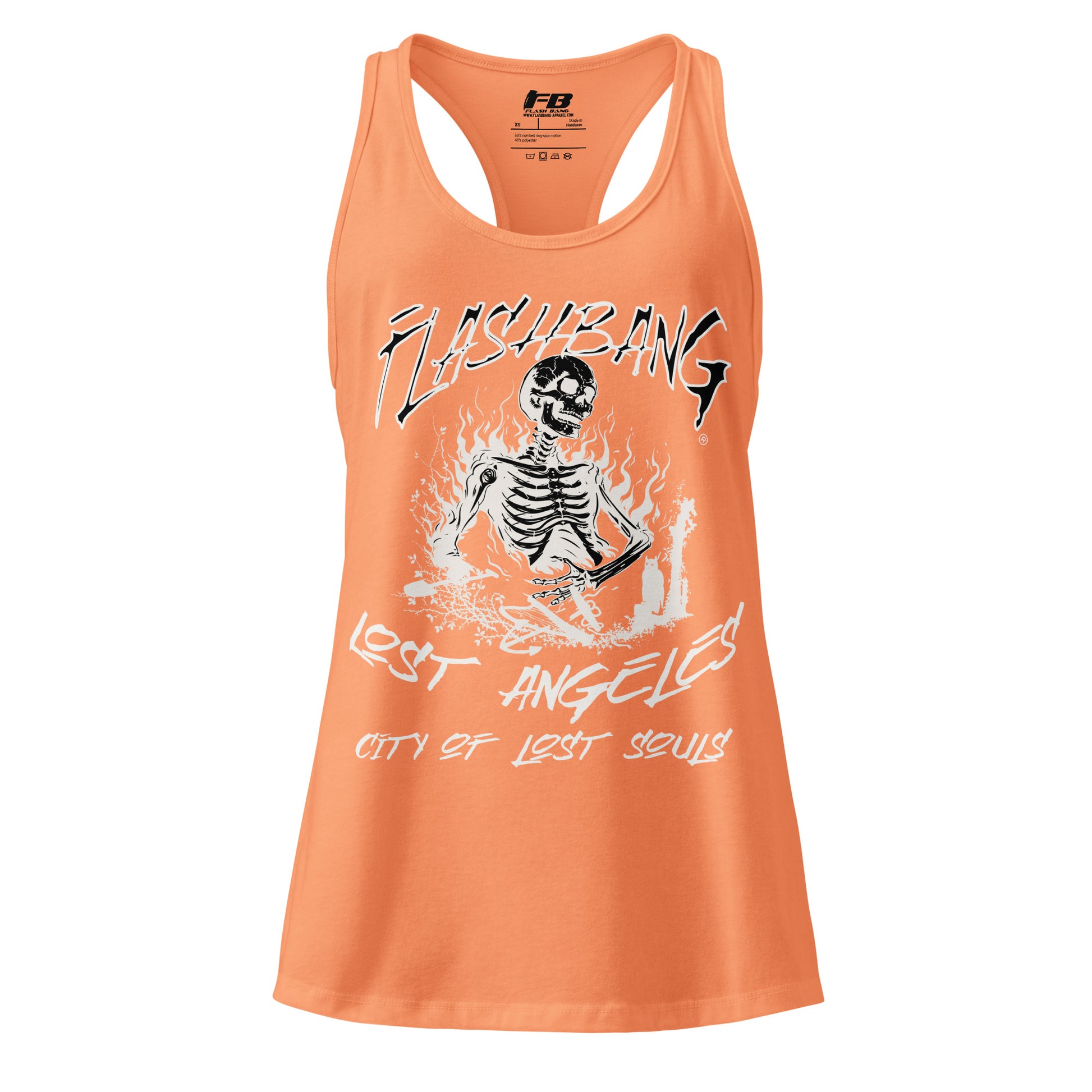 Orange tank top with a skeleton graphic and text on a white background