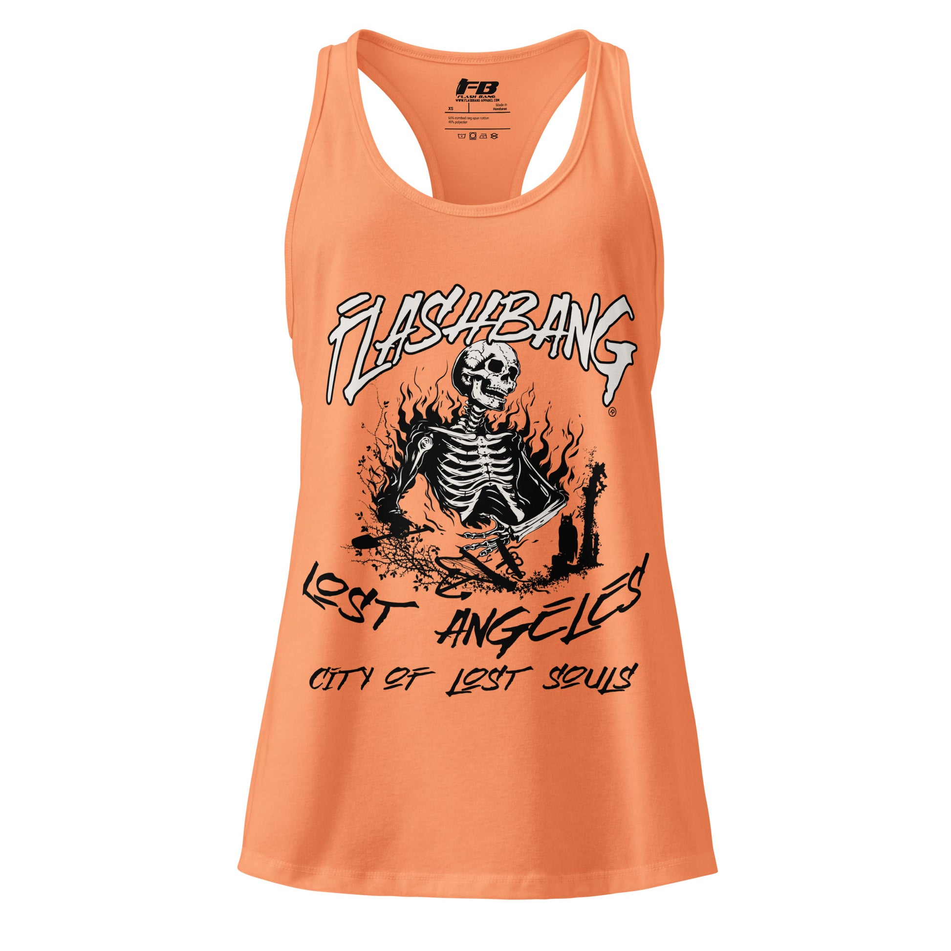 Orange tank top with a skeleton graphic and text on a white background