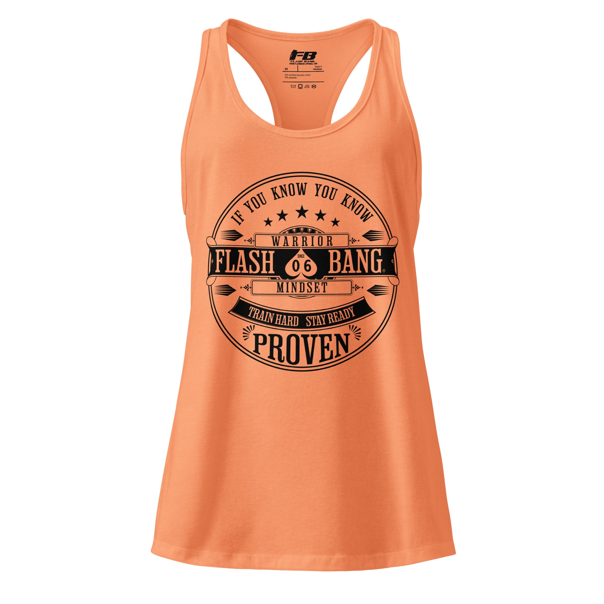 Orange tank top with black text on a white background