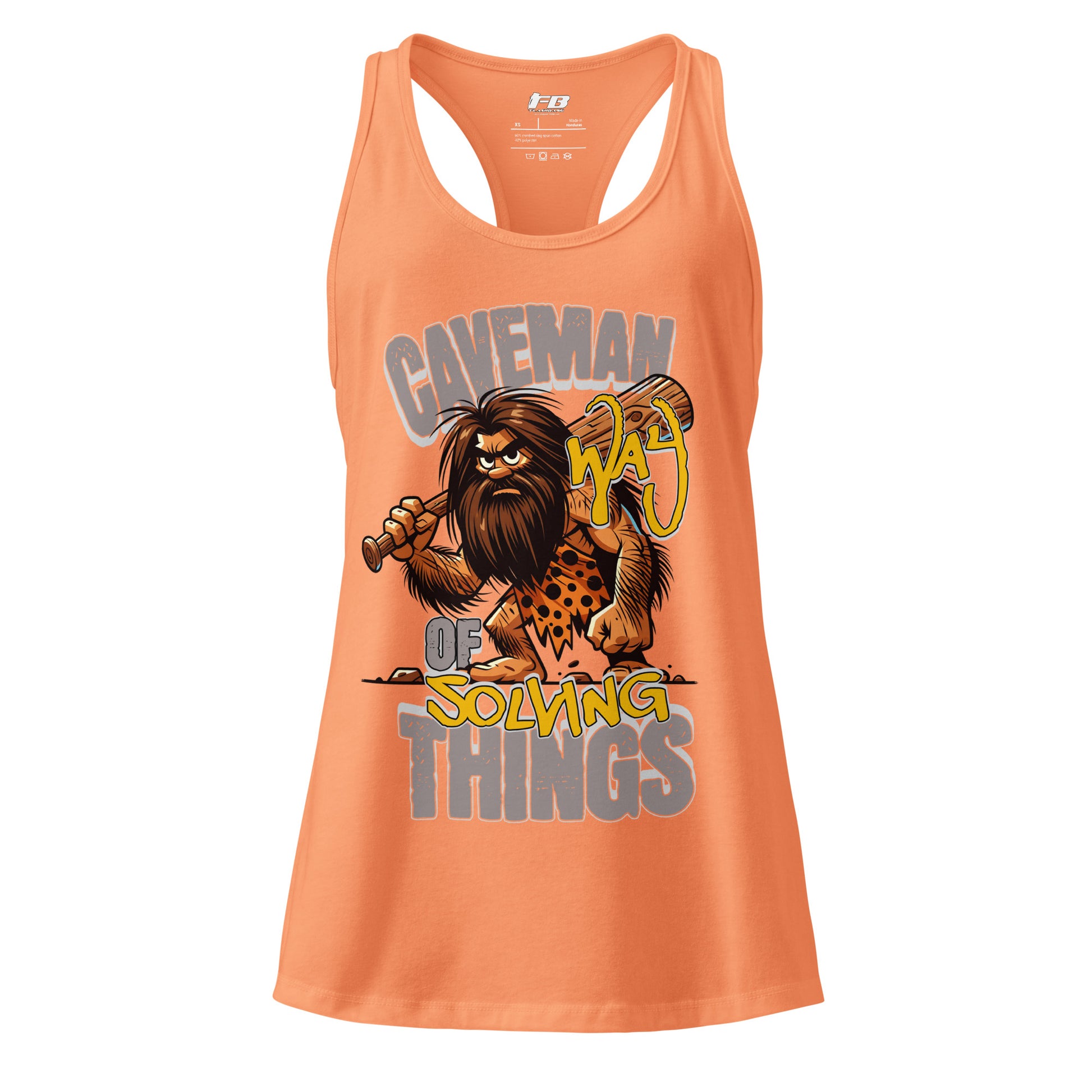 Orange tank top with a caveman graphic and text on a white background