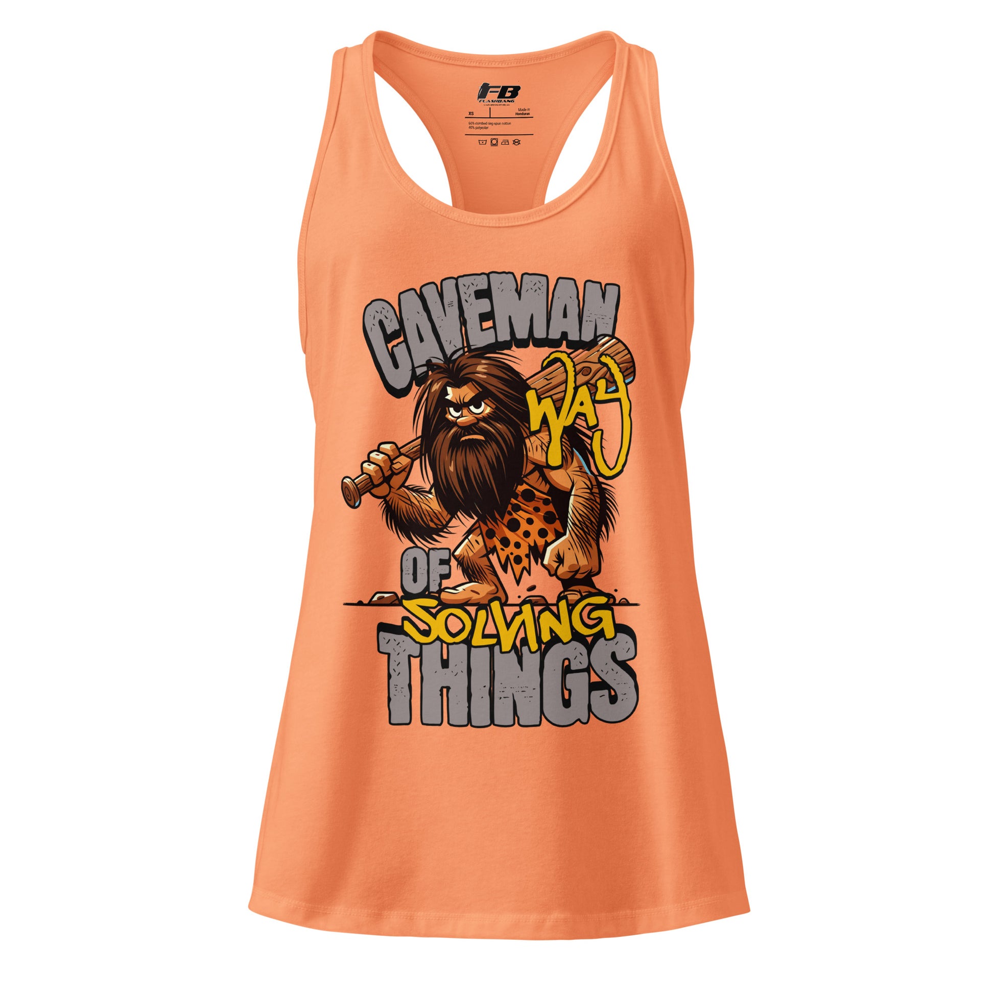 Orange tank top with a graphic of a caveman and text on a white background