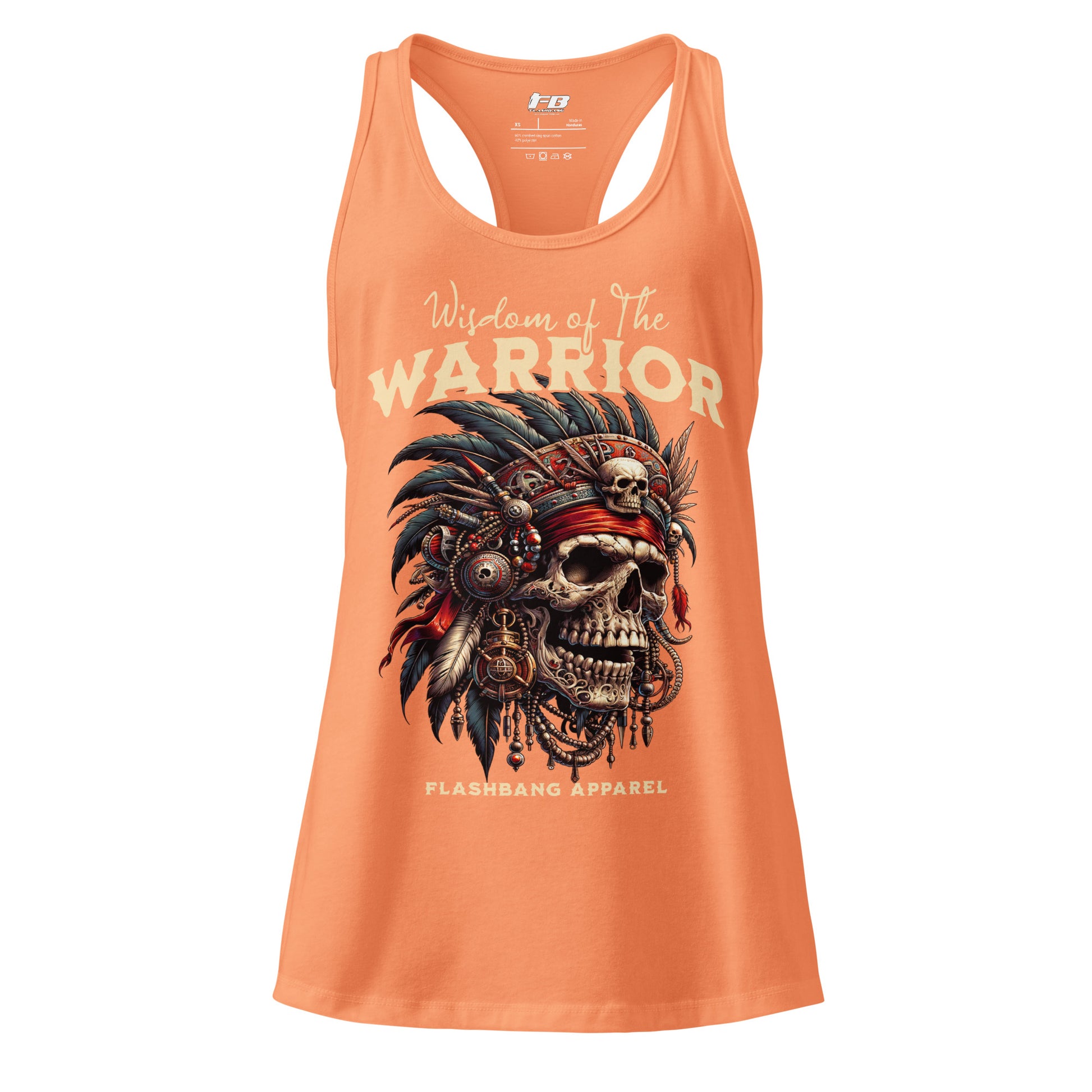 Orange tank top with warrior design and text on a white background