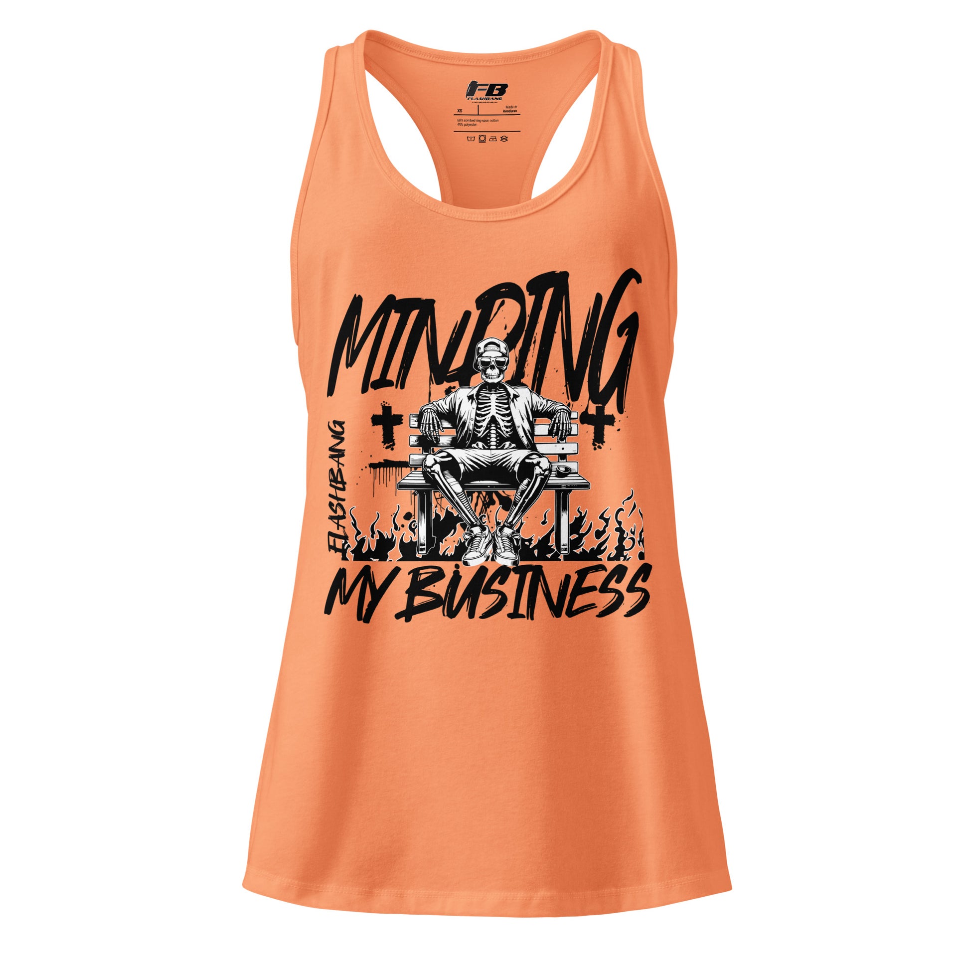 Orange tank top with black graphic design on a white background