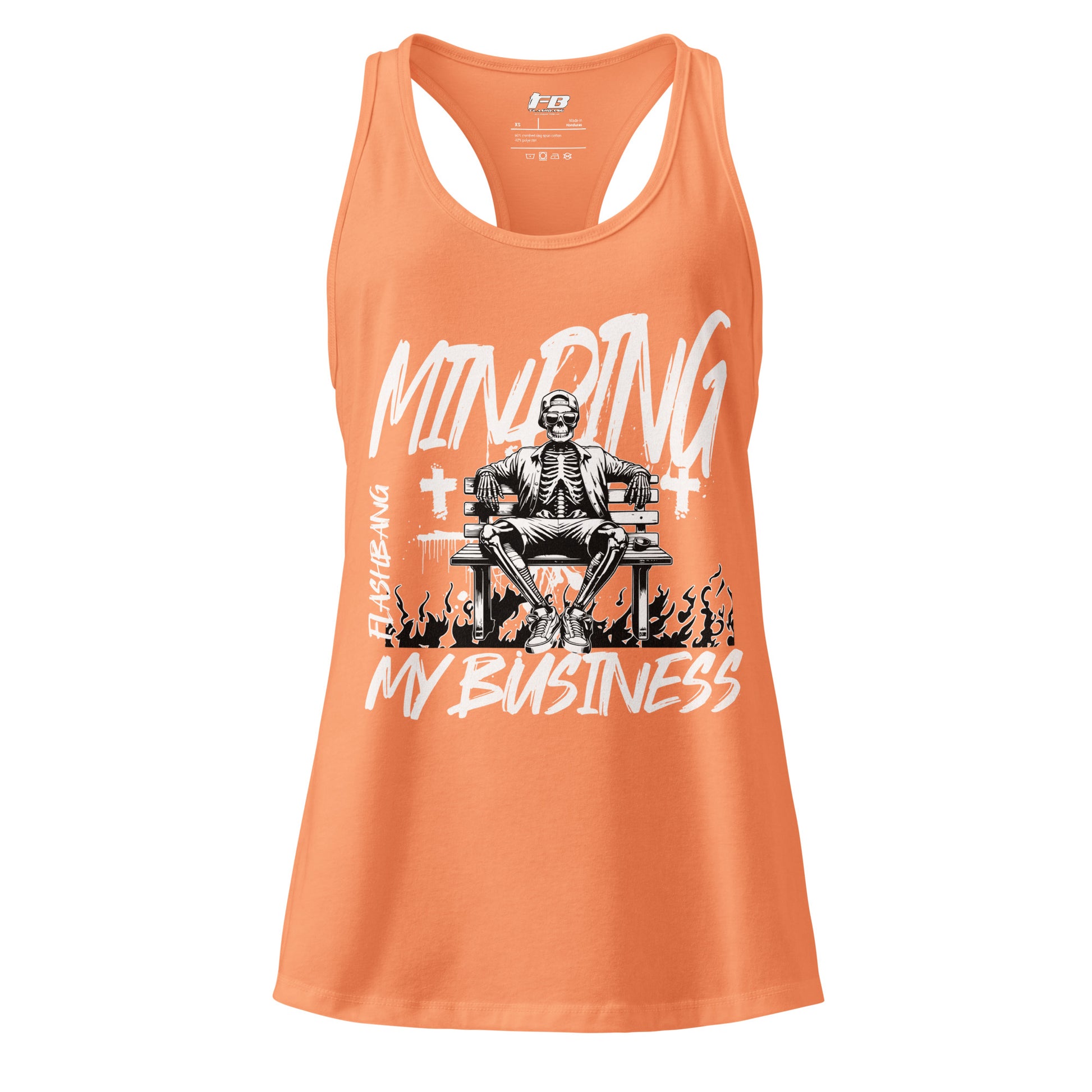 Orange tank top with graphic design and text on a white background