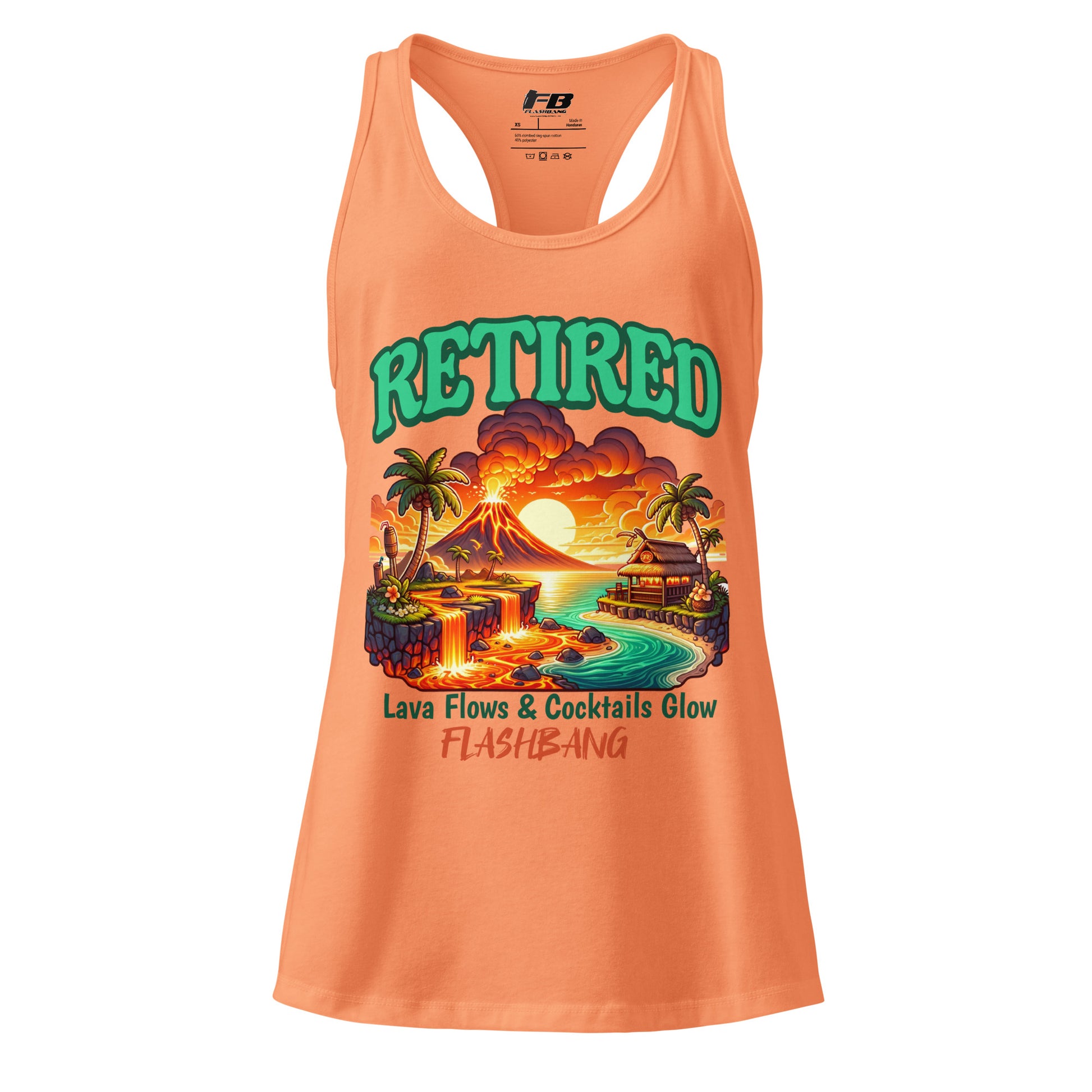 Orange tank top with a tropical design and text on a white background
