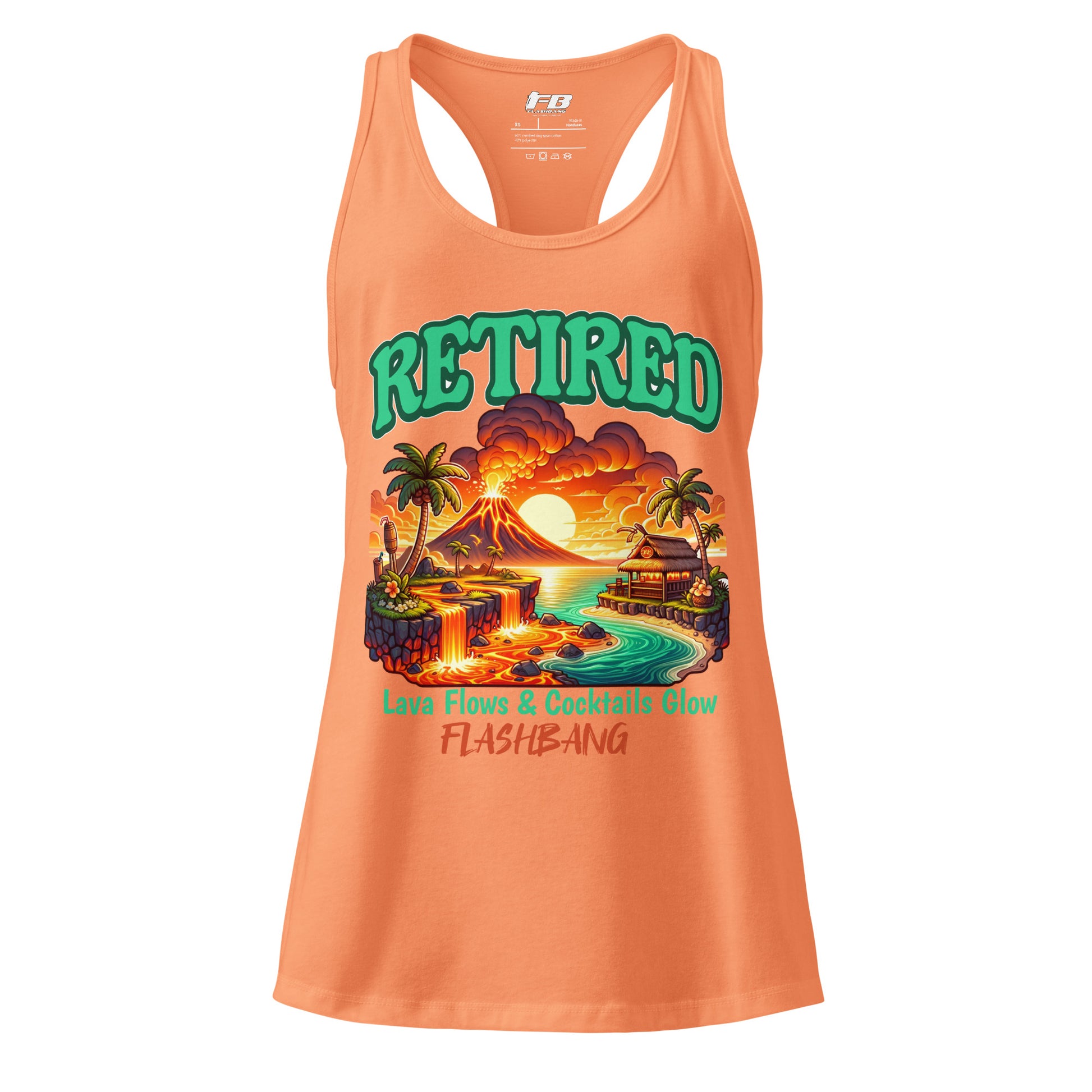 Orange tank top with a tropical design and text on a white background
