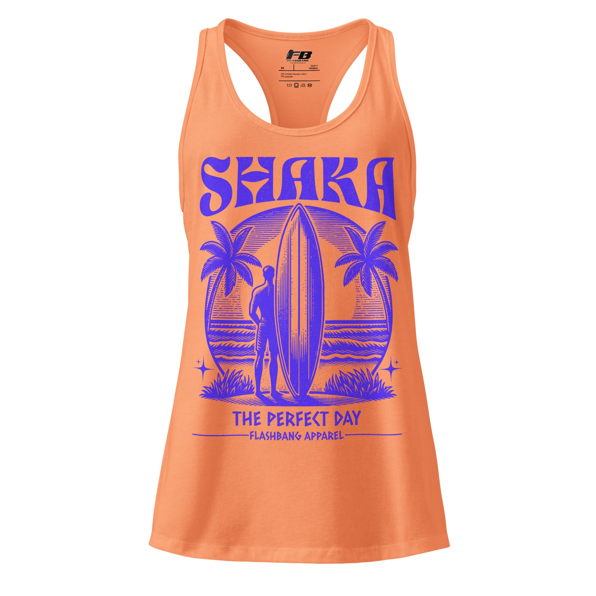 Orange tank top with purple graphic design and text on a white background