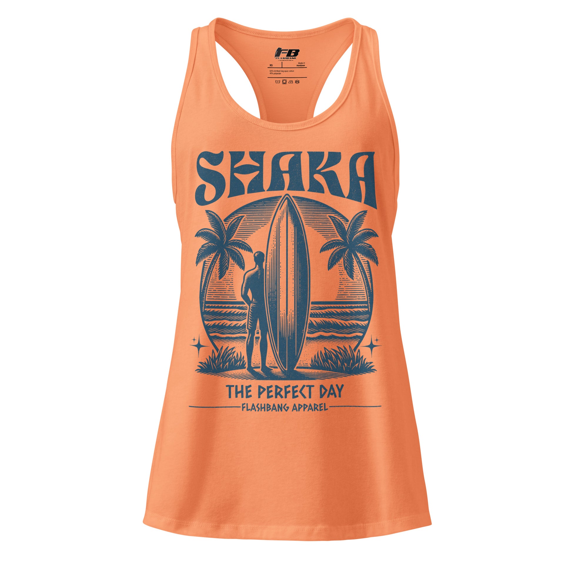 Orange tank top with a graphic design of a person holding a surfboard between palm trees and the text 'Shaka The Perfect Day' on a white background.
