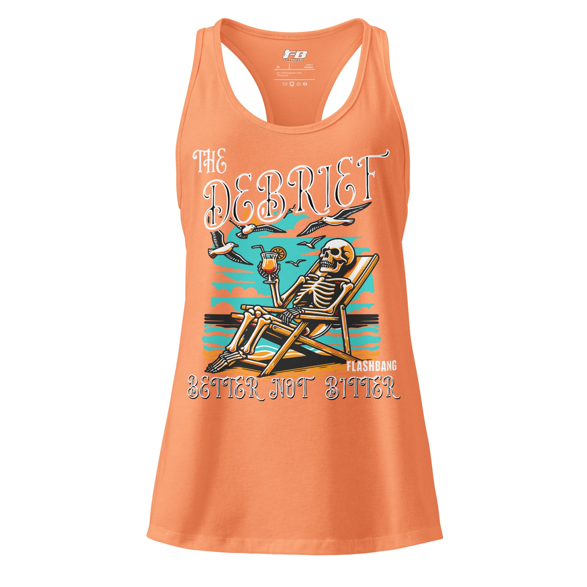 Orange tank top with skeleton design and text on a white background