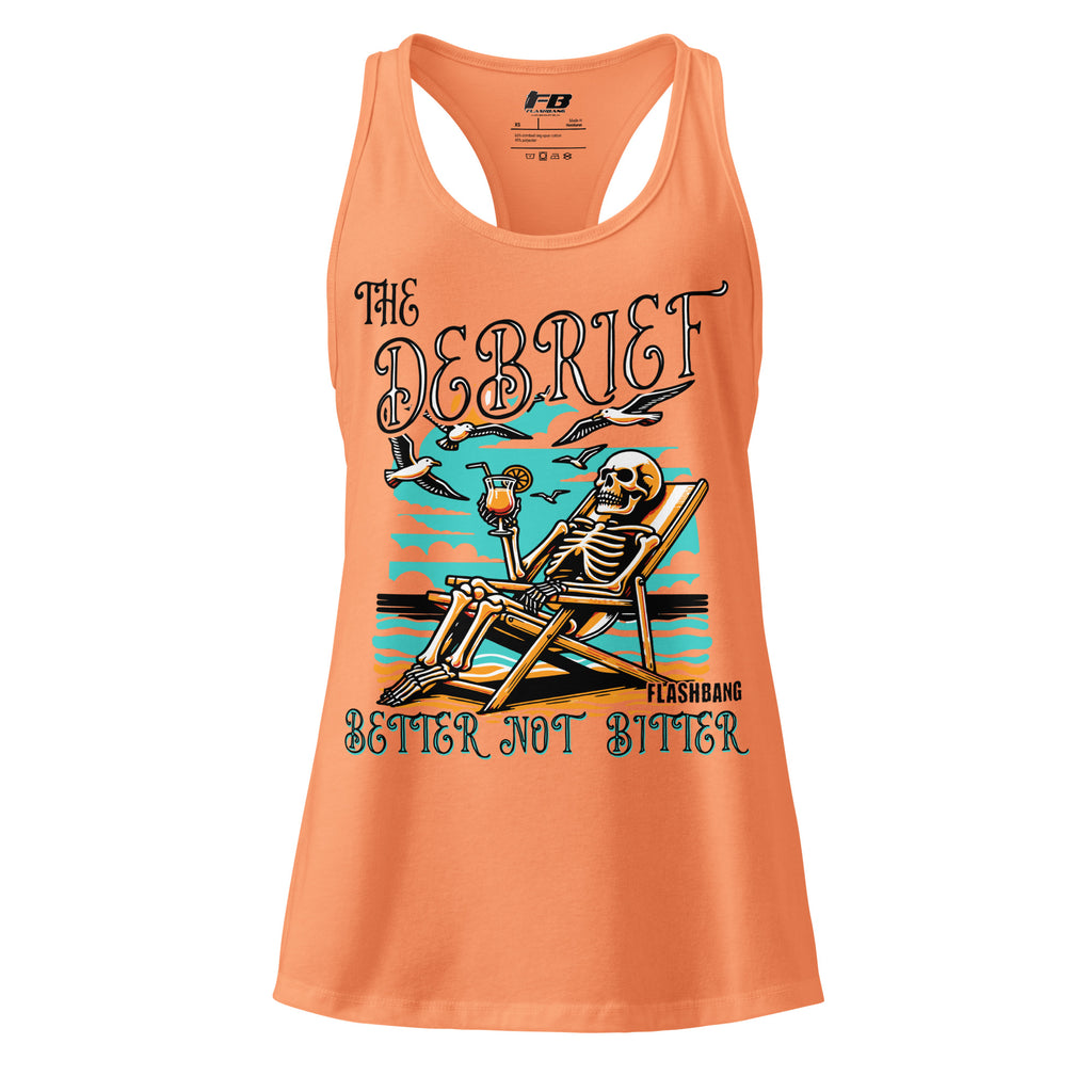 Orange tank top with skeleton graphic and text on a white background