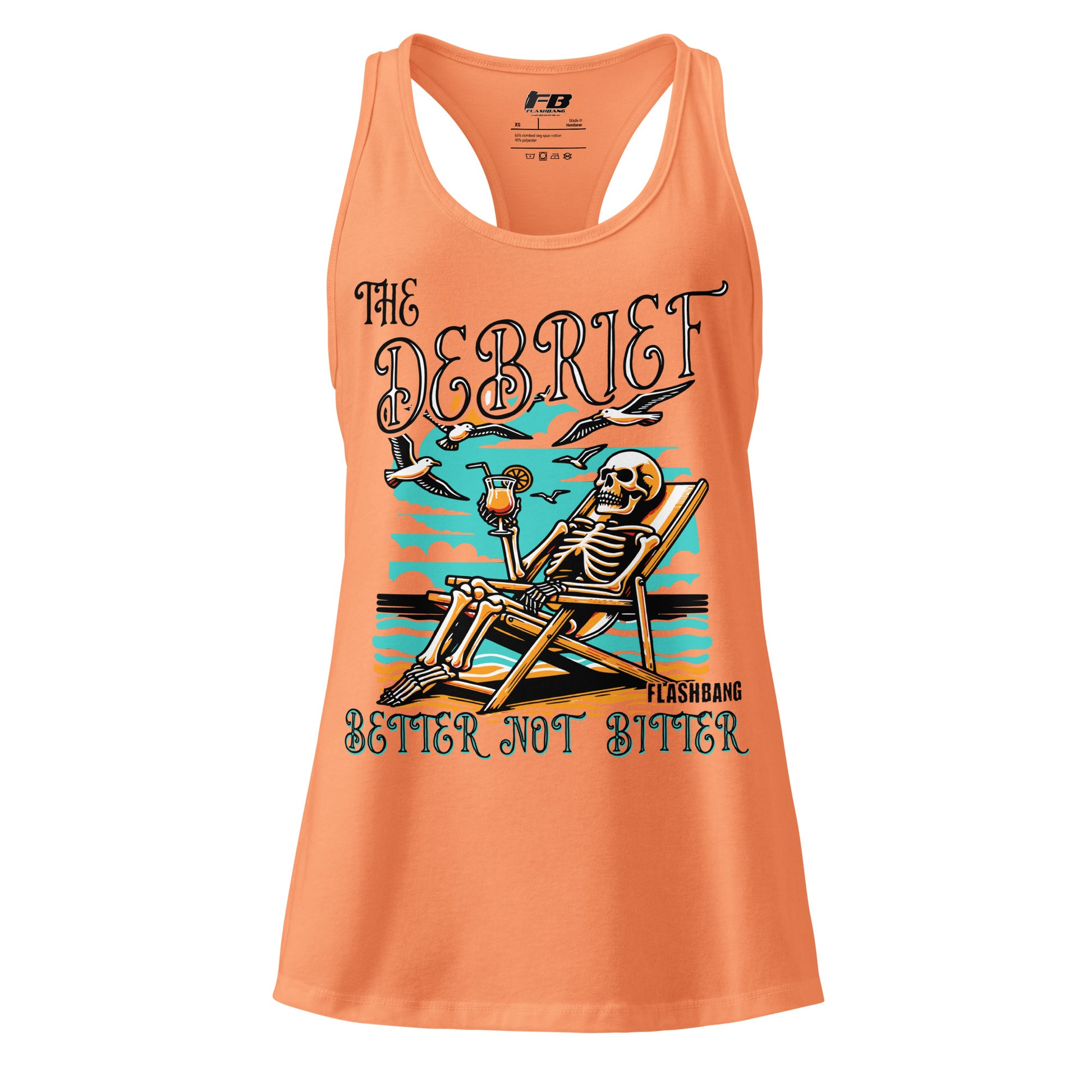 Orange tank top with skeleton graphic and text on a white background