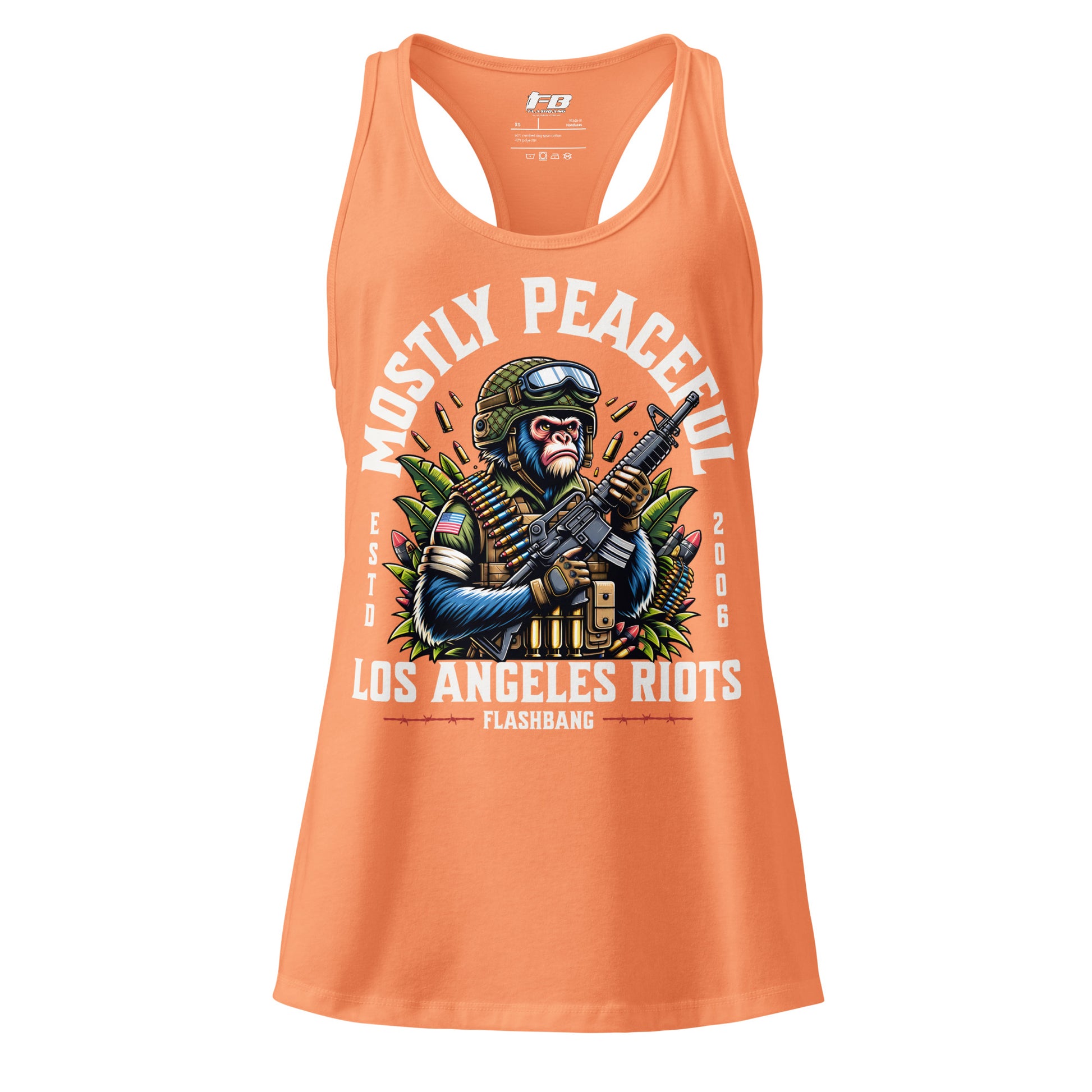 Orange tank top with graphic design and text on a white background