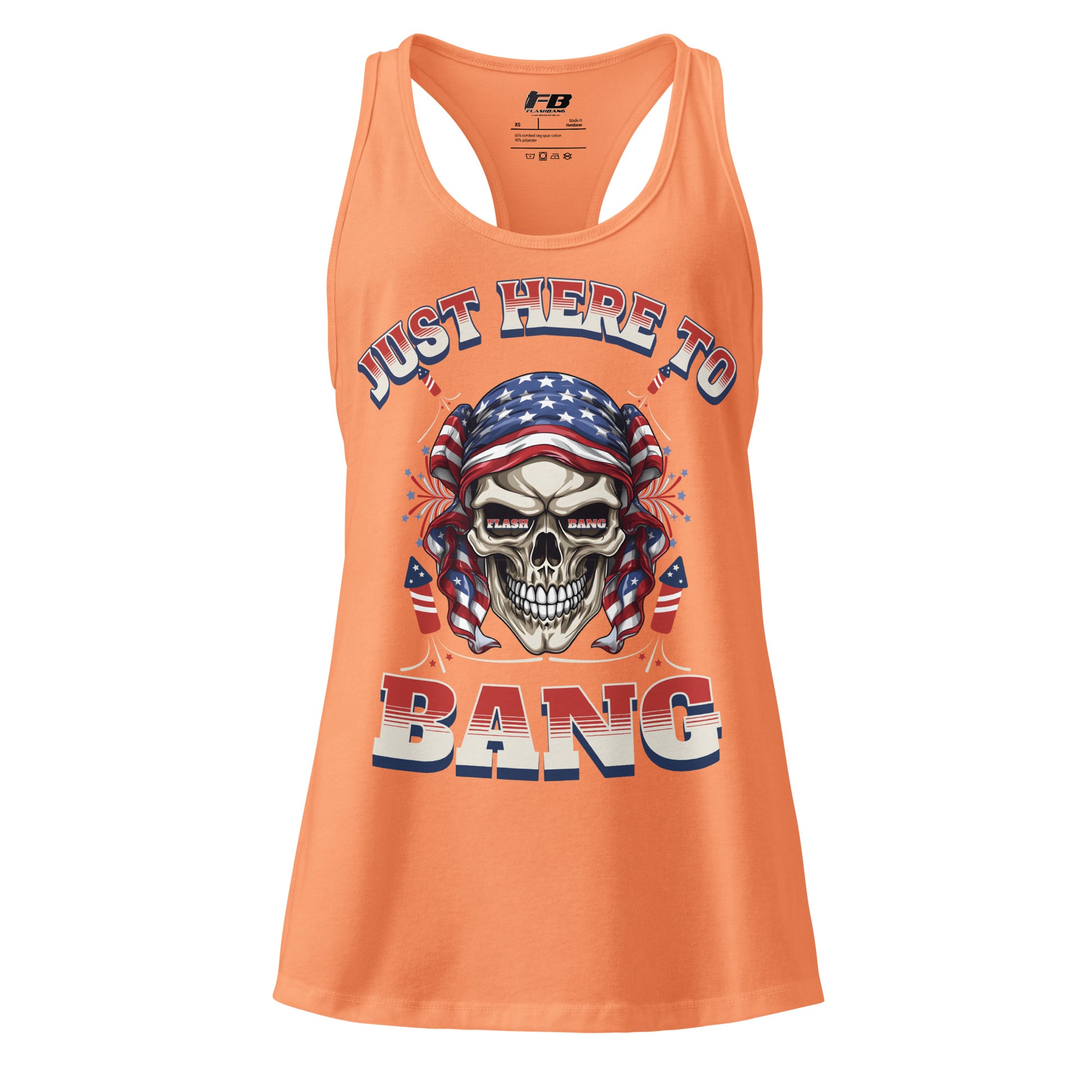 Orange tank top with skull and American flag design on a white background