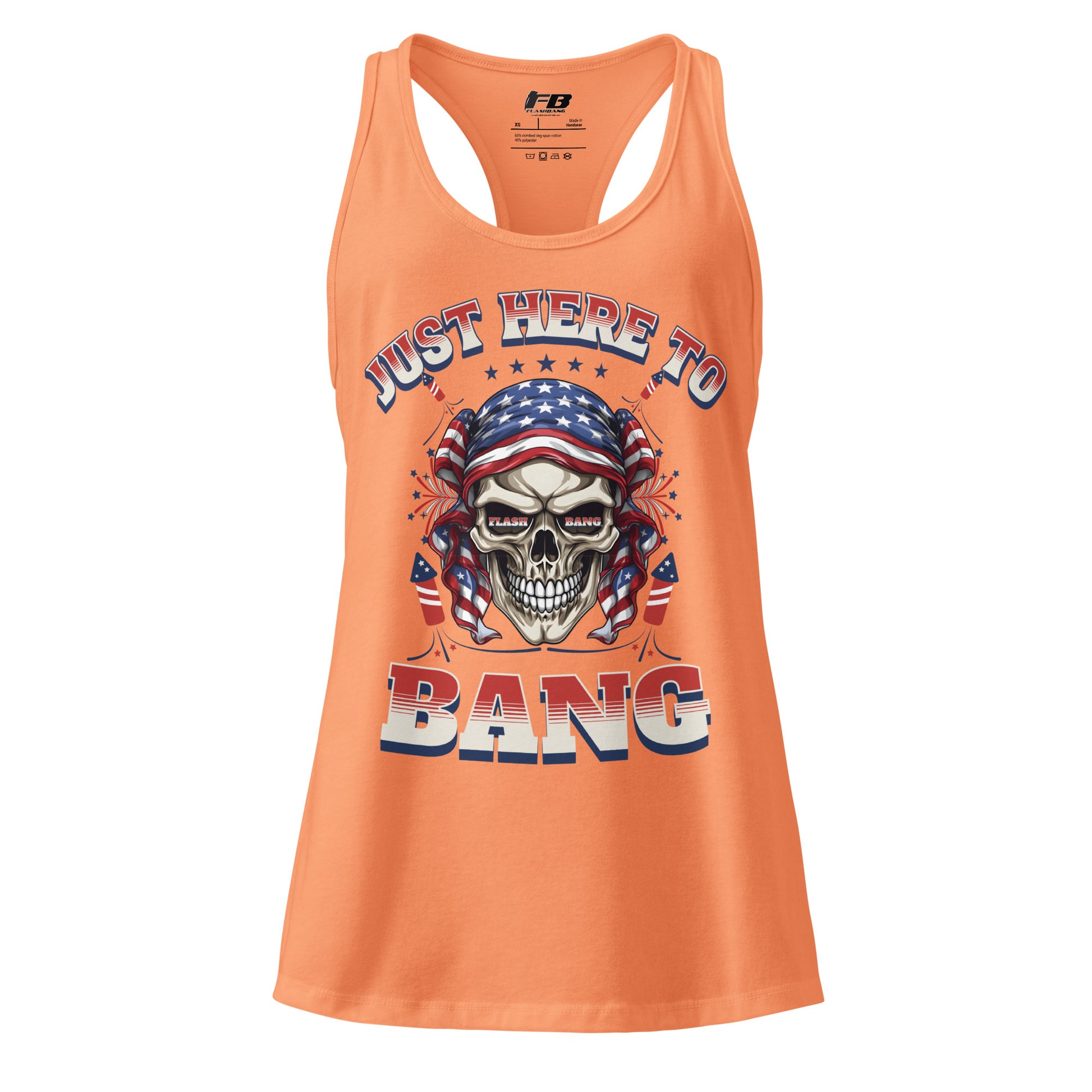 Orange tank top with skull and American flag design on a white background