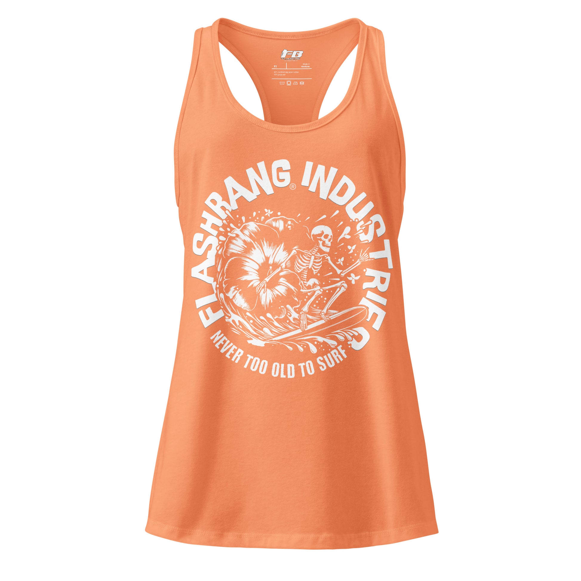 Orange tank top with white graphic and text on a white background