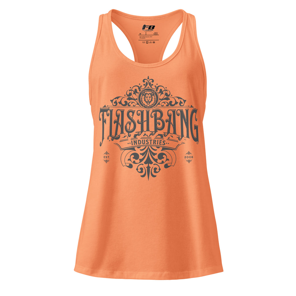 Orange tank top with 'Flashbang Industries' graphic design on a white background