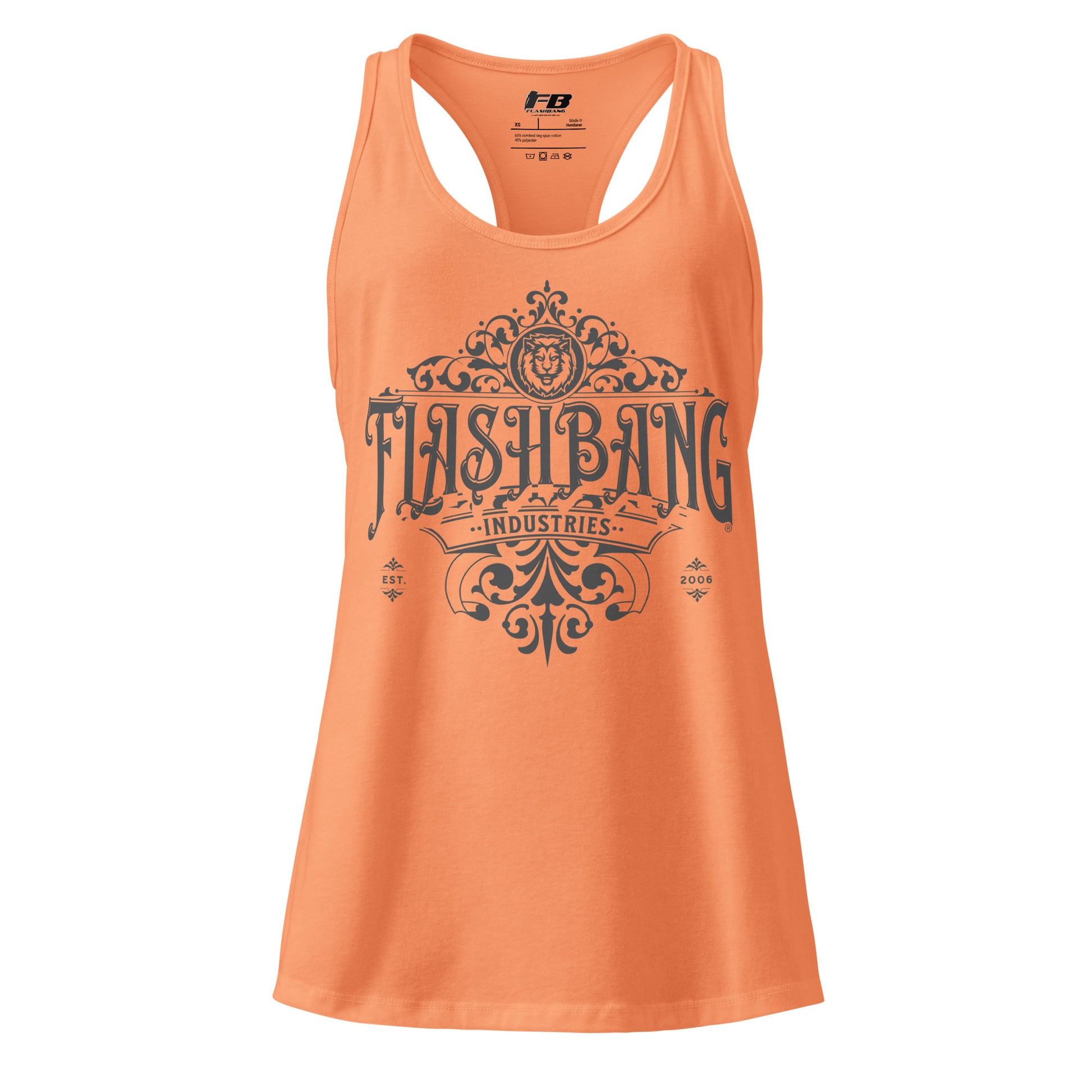 Orange tank top with 'Flashbang Industries' graphic design on a white background