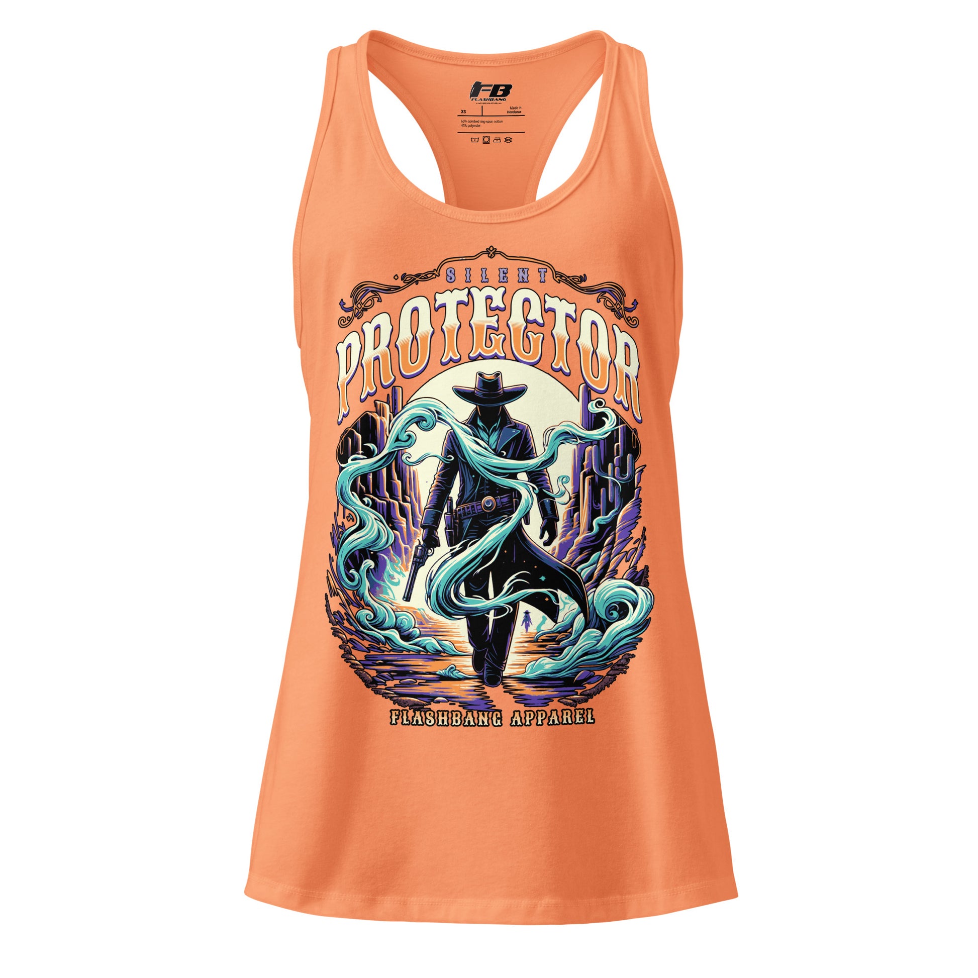 Orange tank top with graphic design and text on a white background