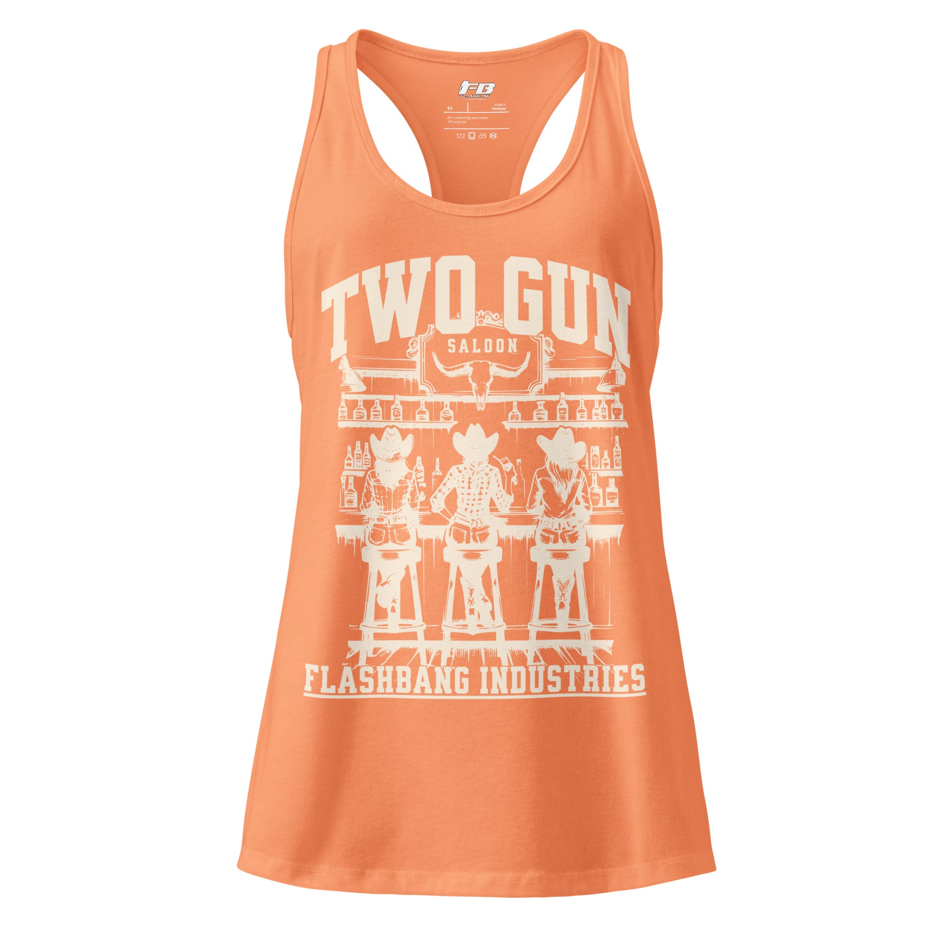Orange tank top with white graphic design on a white background