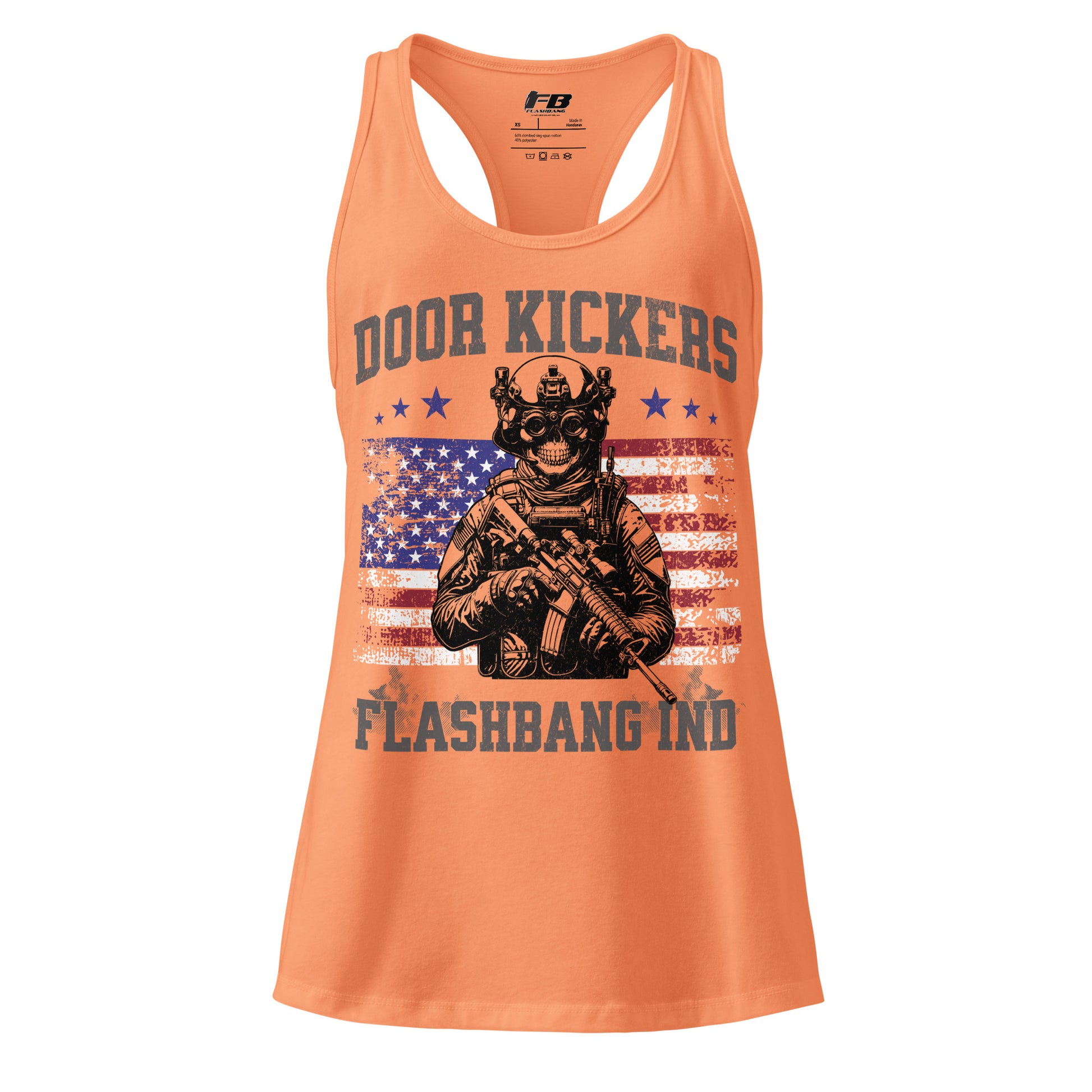 Orange tank top with graphic design and text on a white background