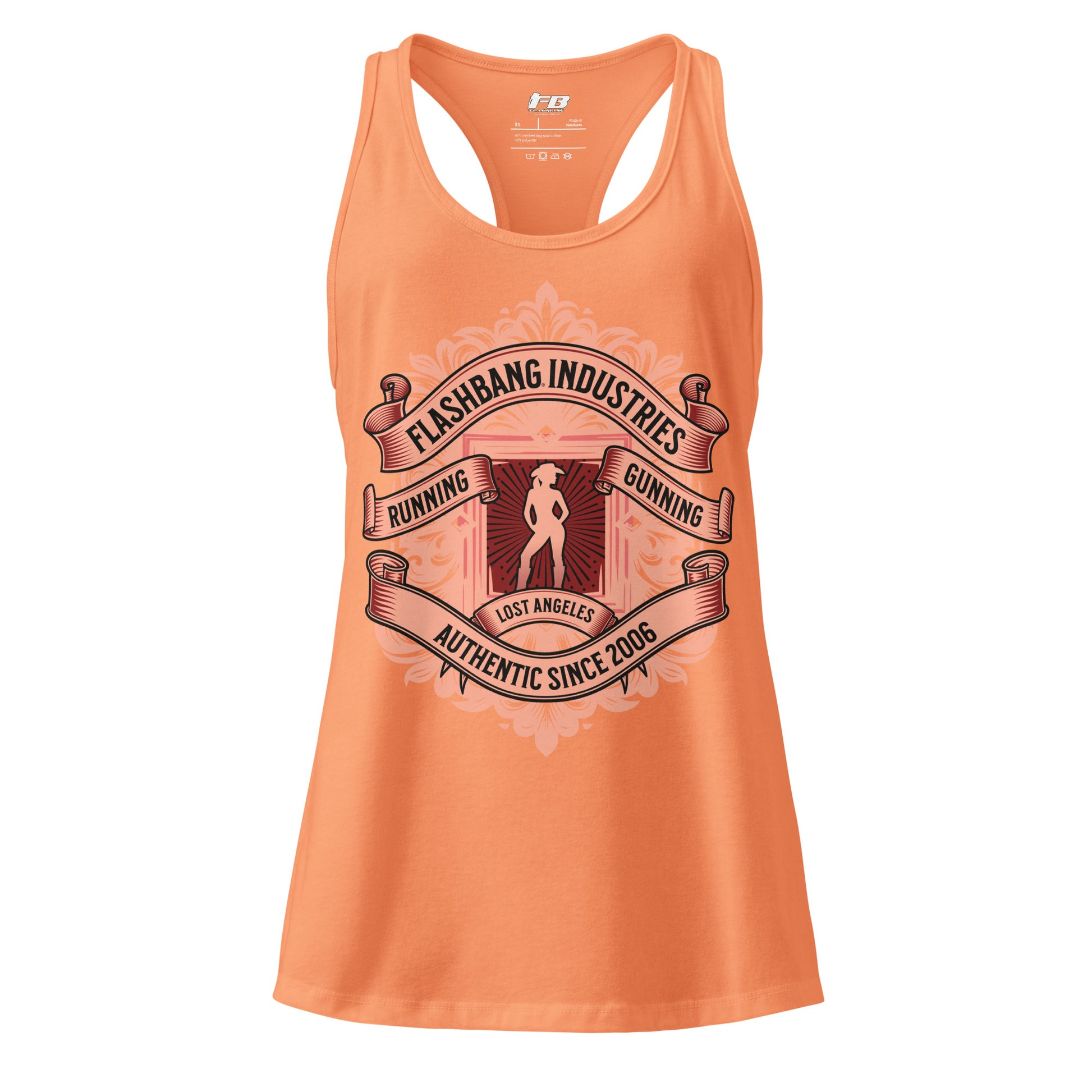 Orange tank top with graphic design and text on a white background