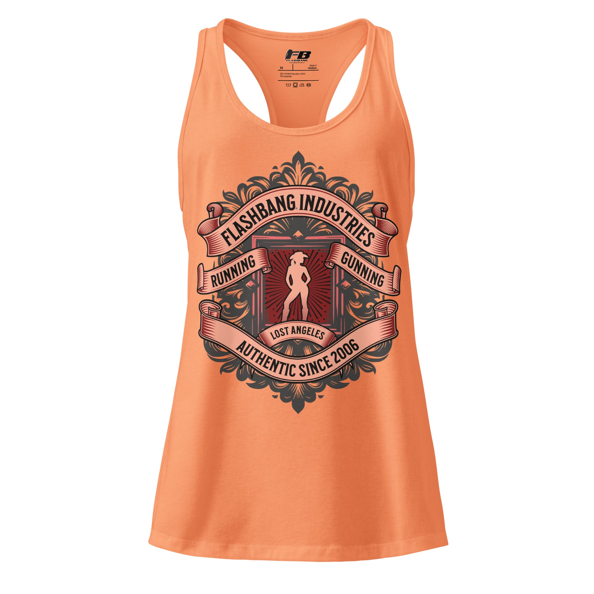 Orange tank top with graphic design and text on a white background