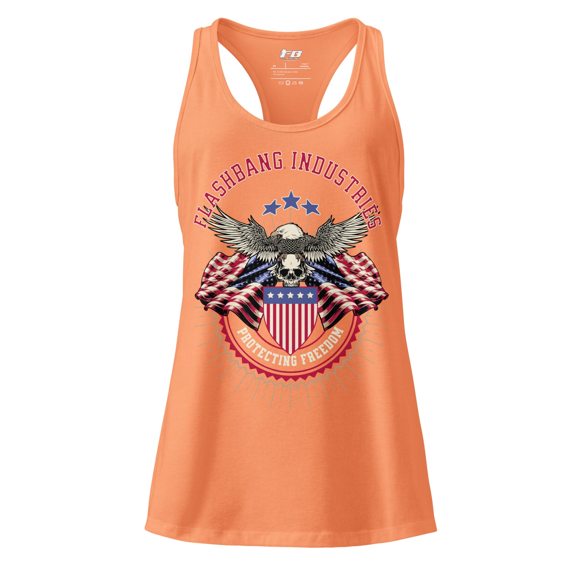 Orange tank top with 'Flashbang Industries' graphic design featuring an eagle and American flag on a white background.