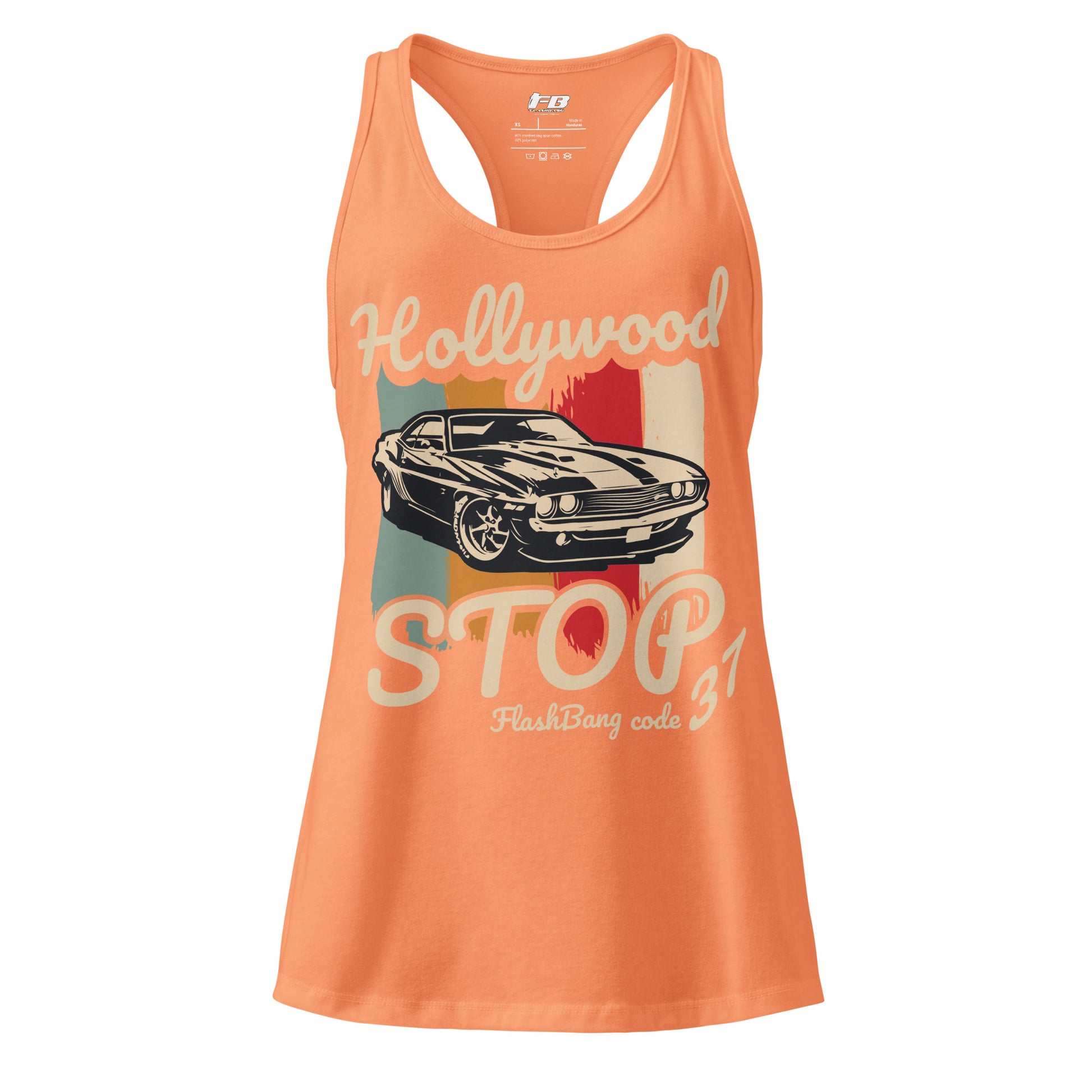 Orange tank top with vintage car graphic and 'Hollywood Stop' text on a white background