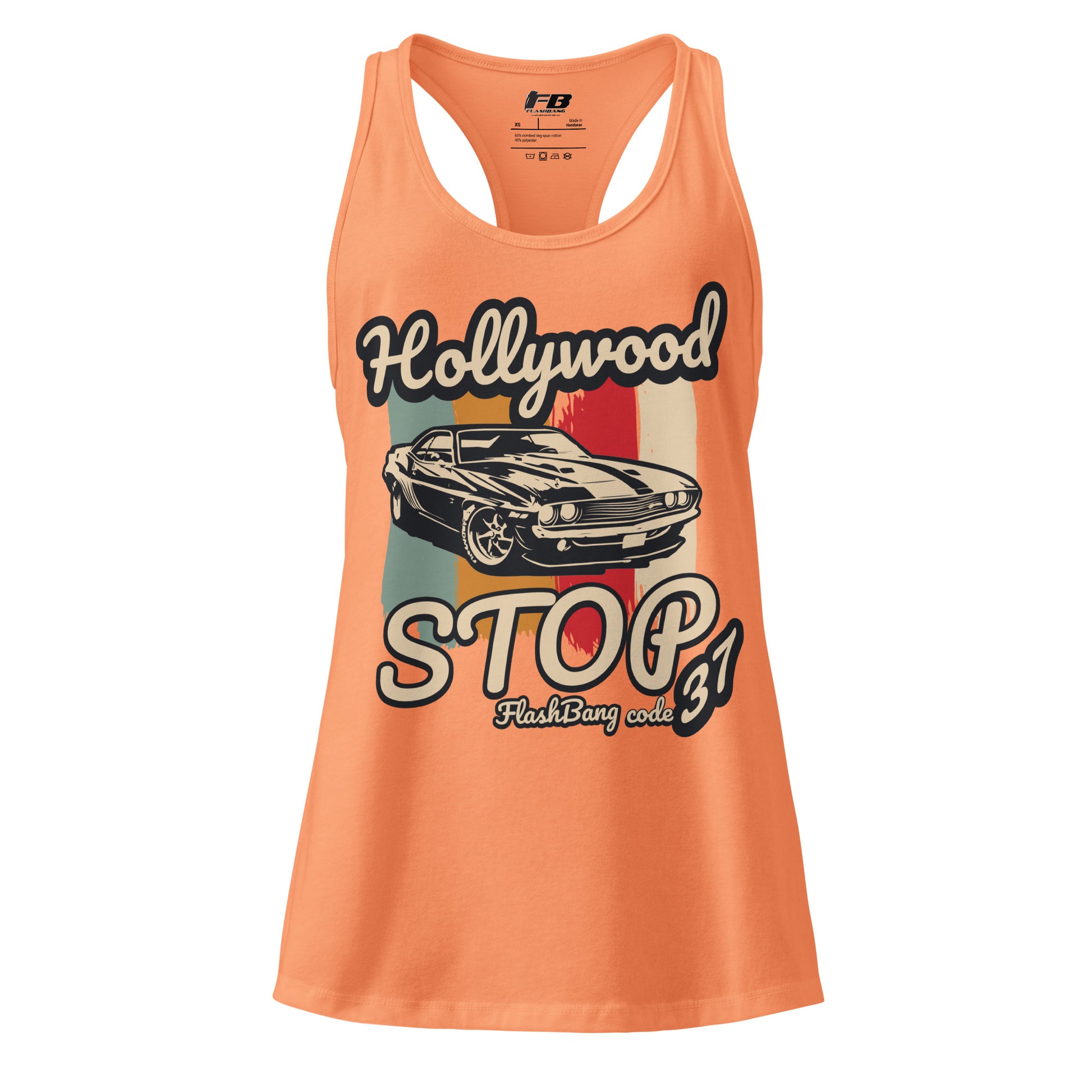 Orange tank top with vintage car graphic and text on a white background