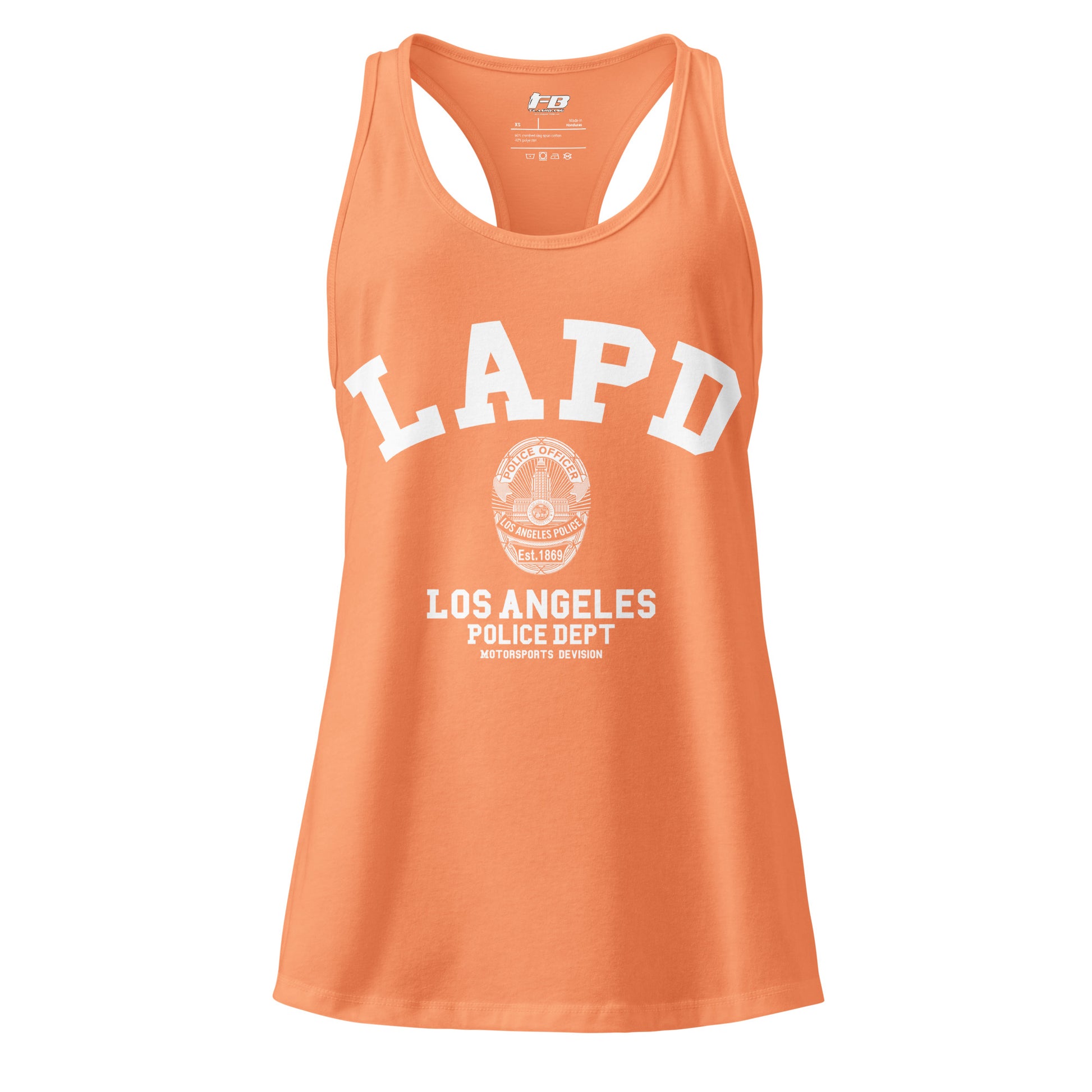 Orange tank top with LAPD Los Angeles Police Dept logo on a white background