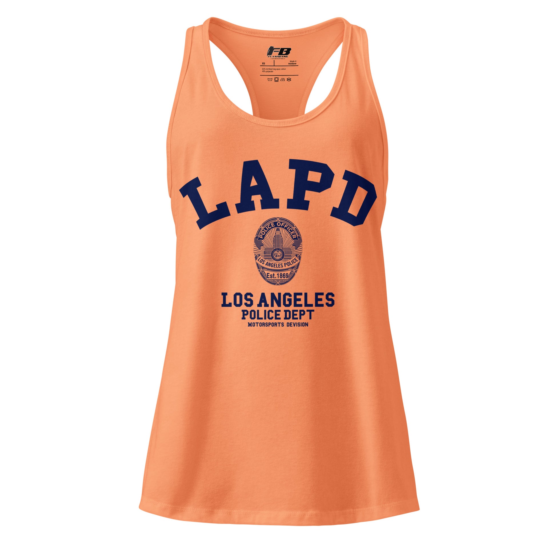 Orange tank top with LAPD Los Angeles Police Dept text and logo on a white background