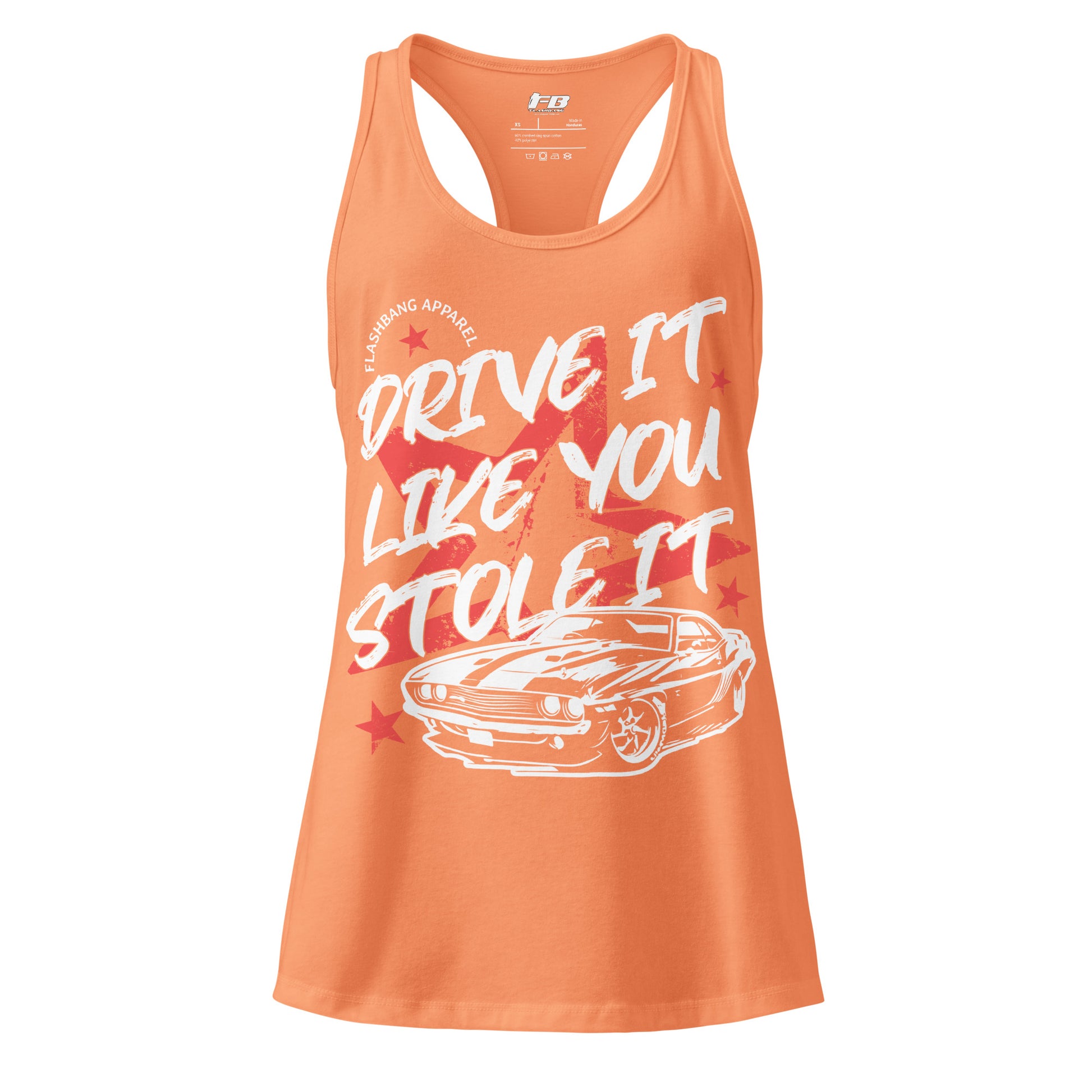 Orange tank top with graphic design and text on a white background
