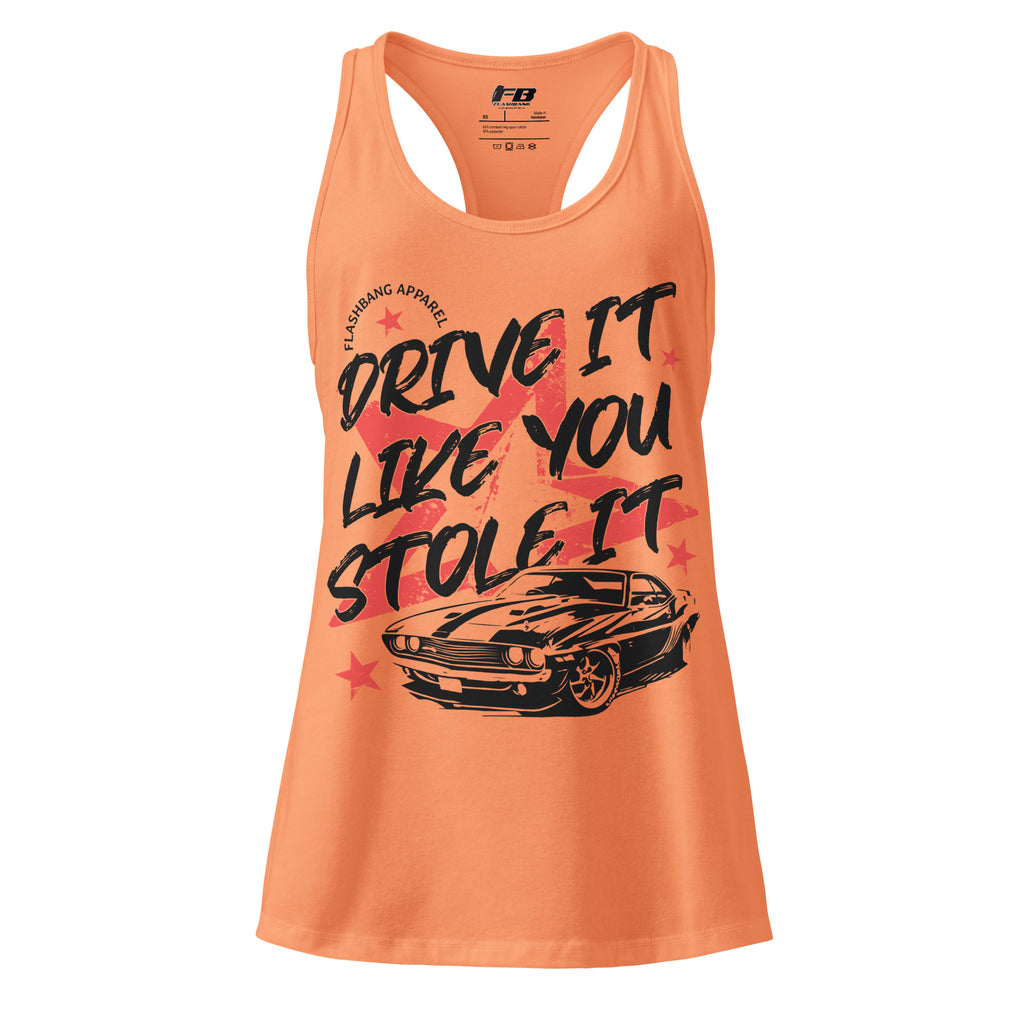 Orange tank top with graphic design and text on a white background