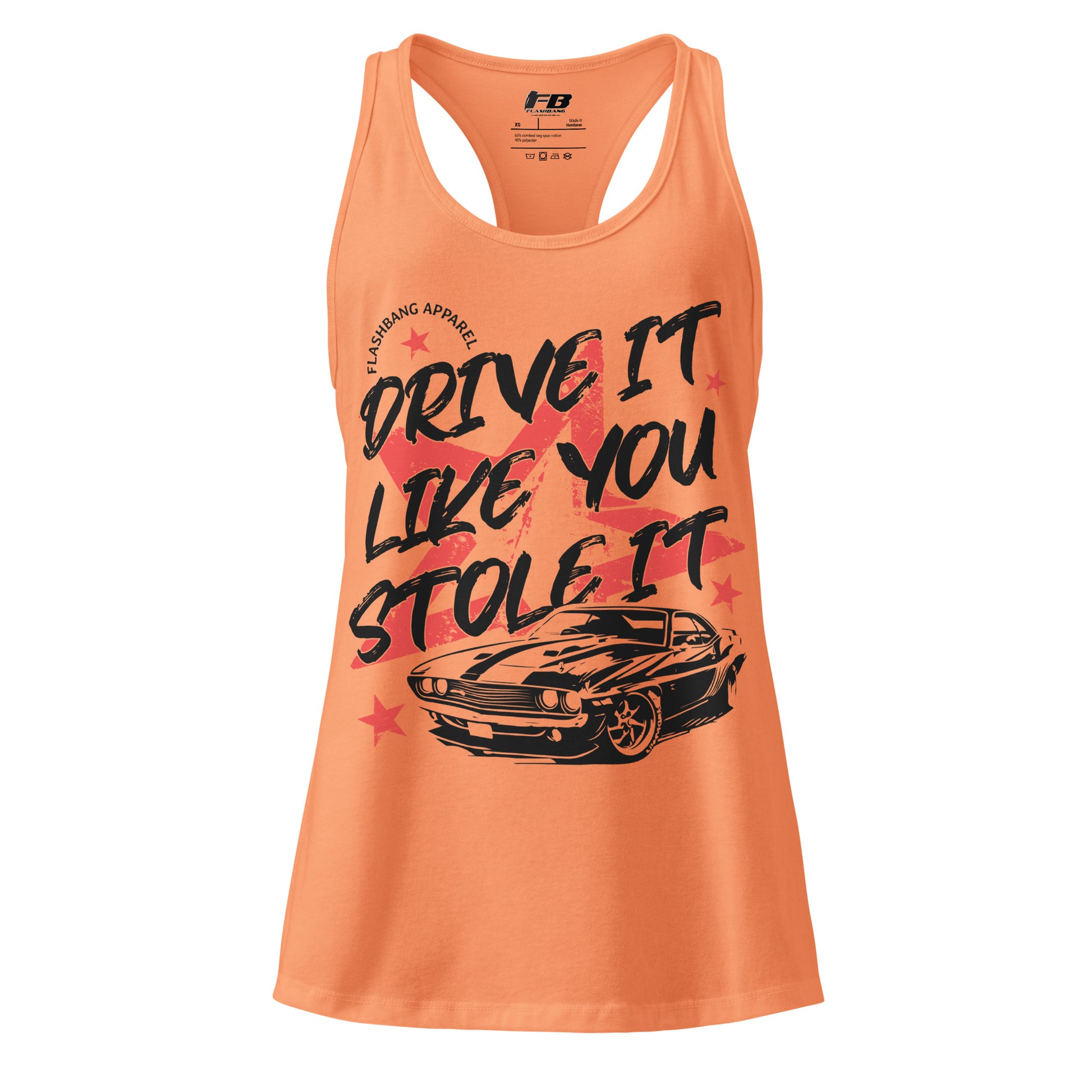 Orange tank top with graphic design and text on a white background