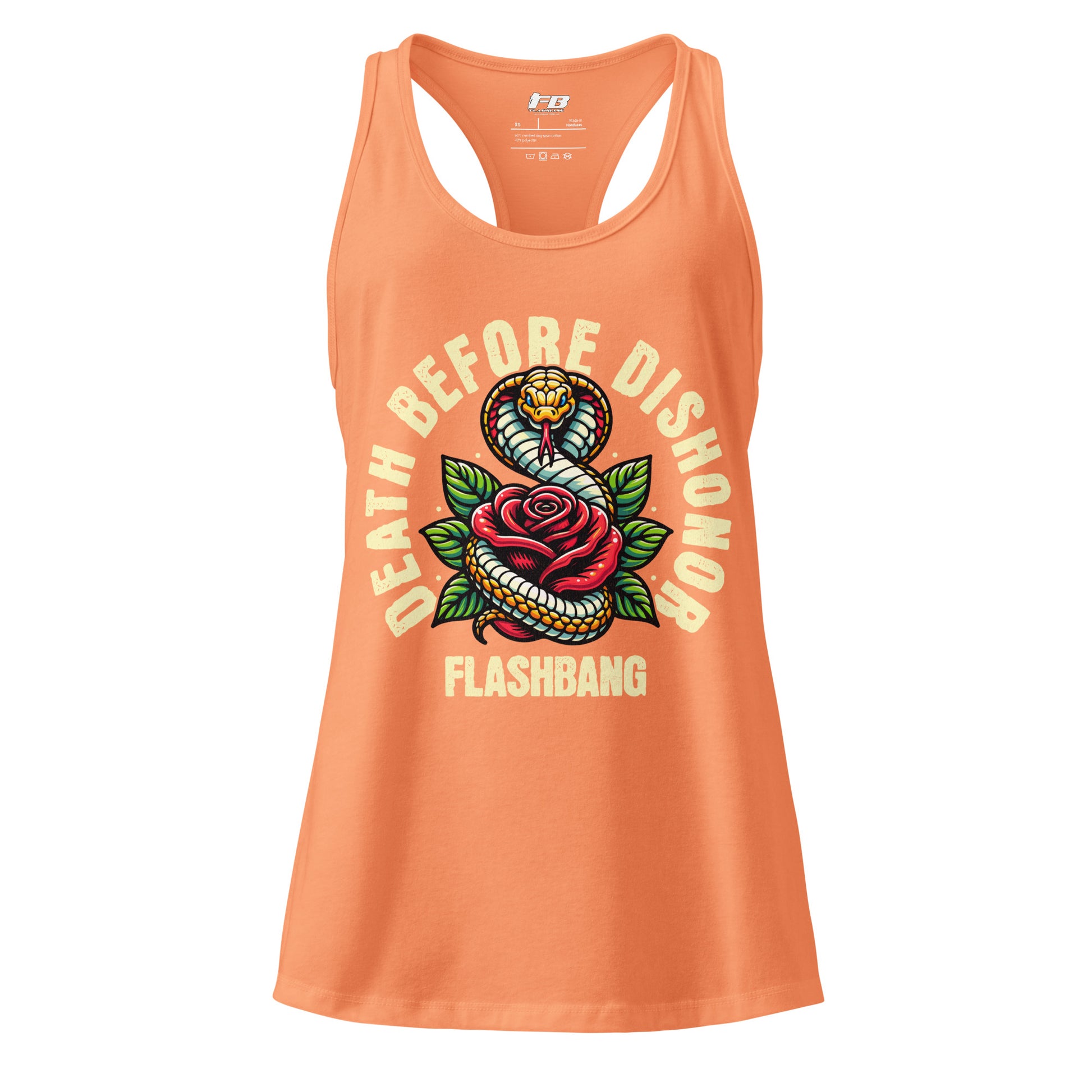Orange tank top with snake and rose design and 'Flashbang' text on a white background