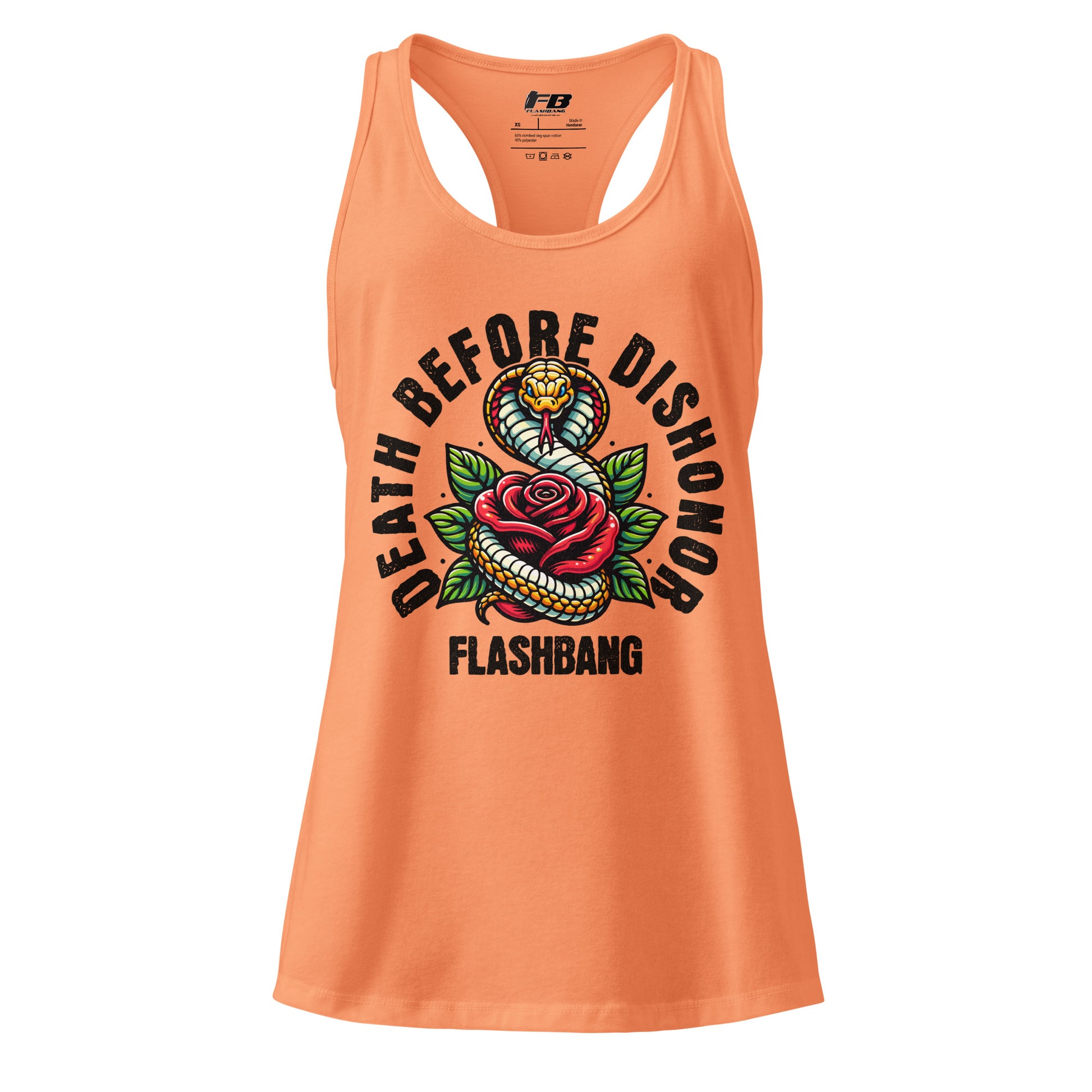 Orange tank top with snake and rose design and 'Flashbang' branding on a white background