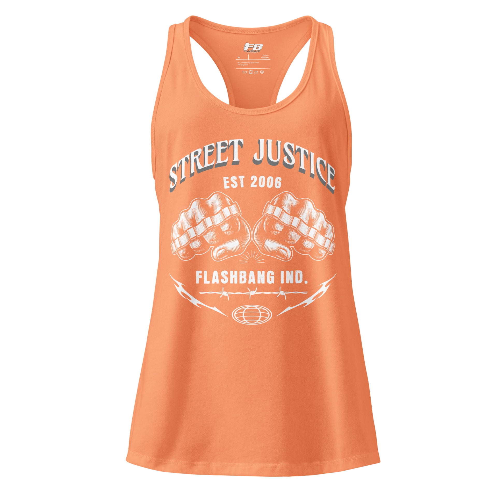 Orange tank top with 'Street Justice' and 'Flashbang Ind.' text on a white background