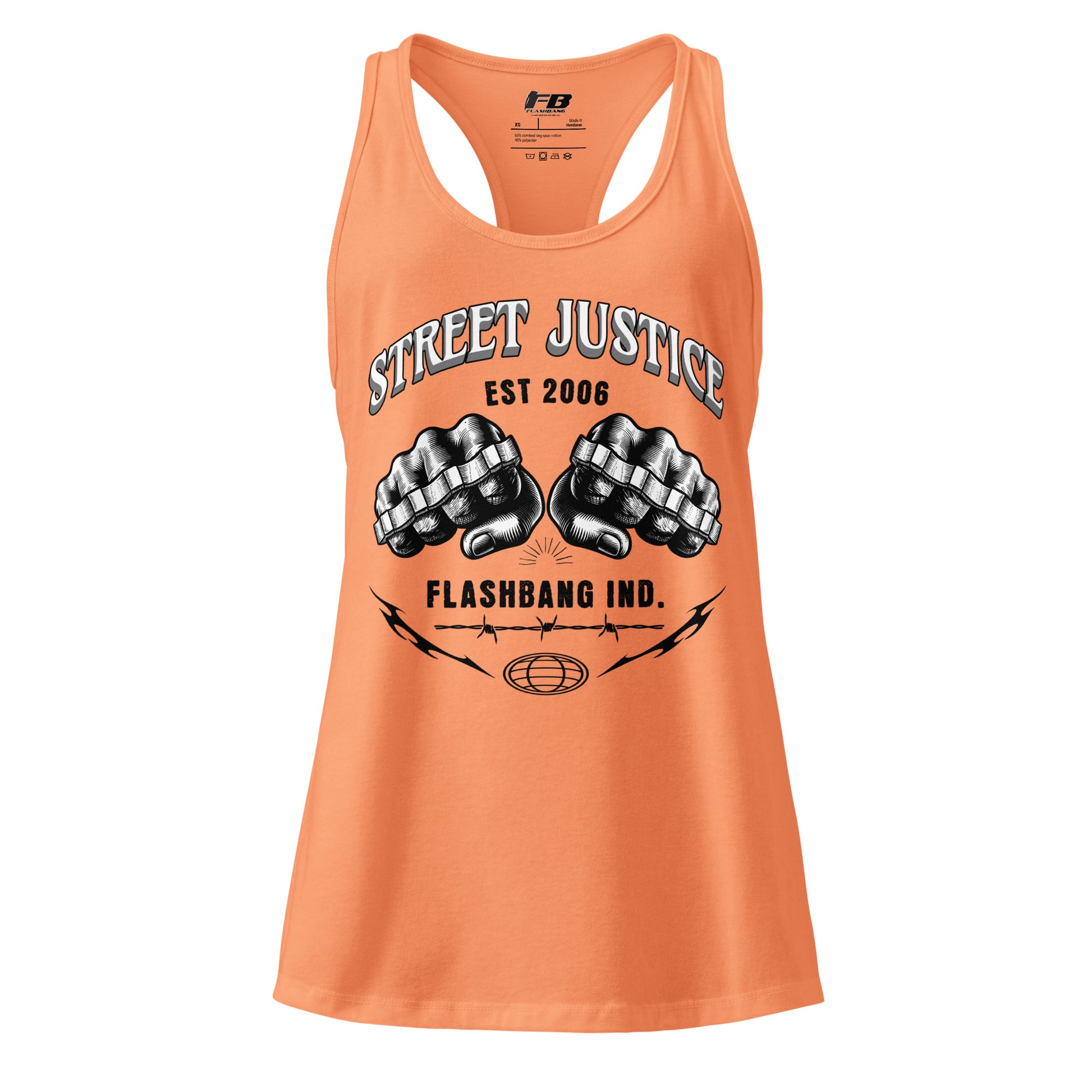 Orange tank top with 'Street Justice' and 'Flashbang Ind.' graphics on a white background