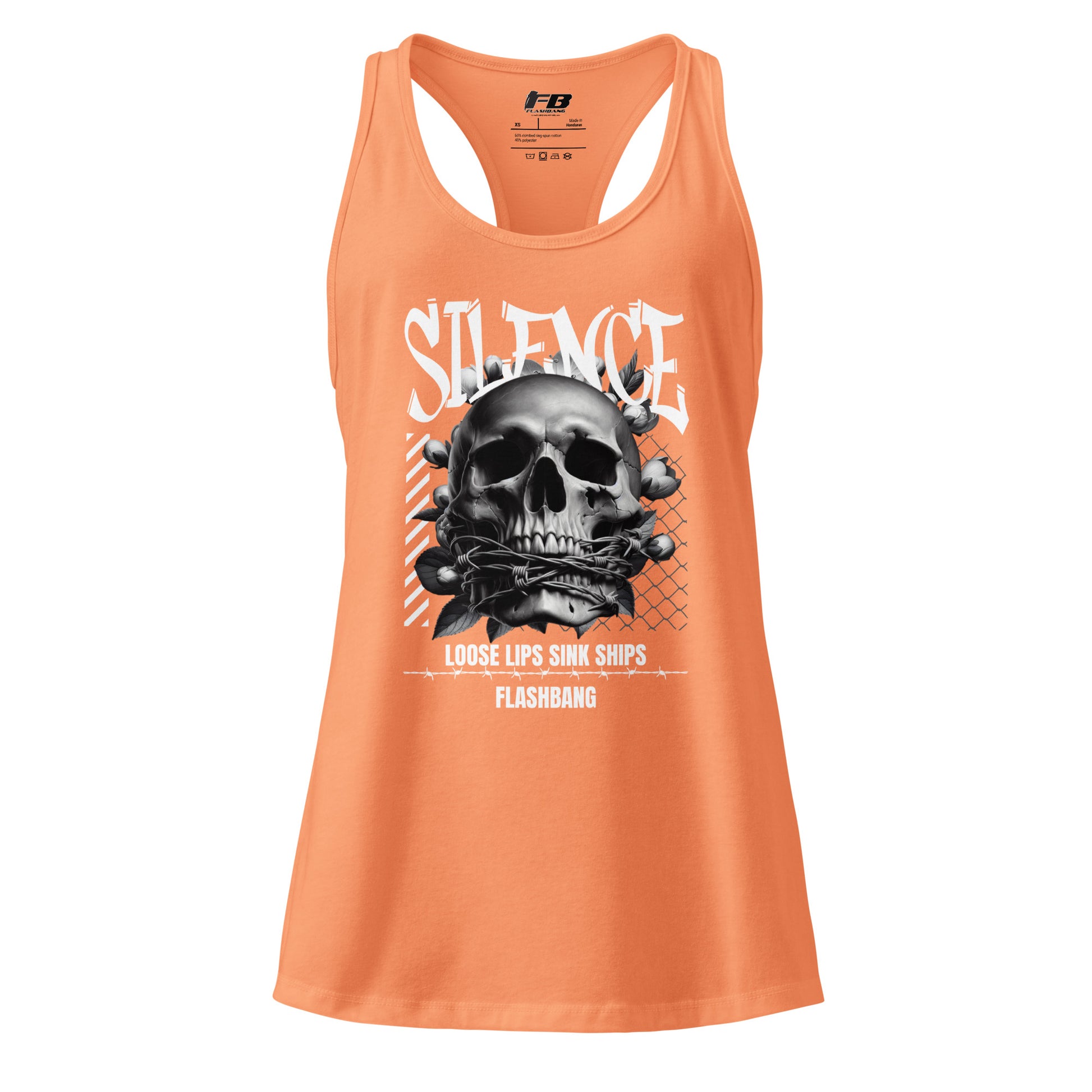 Orange tank top with a skull graphic and text on a white background